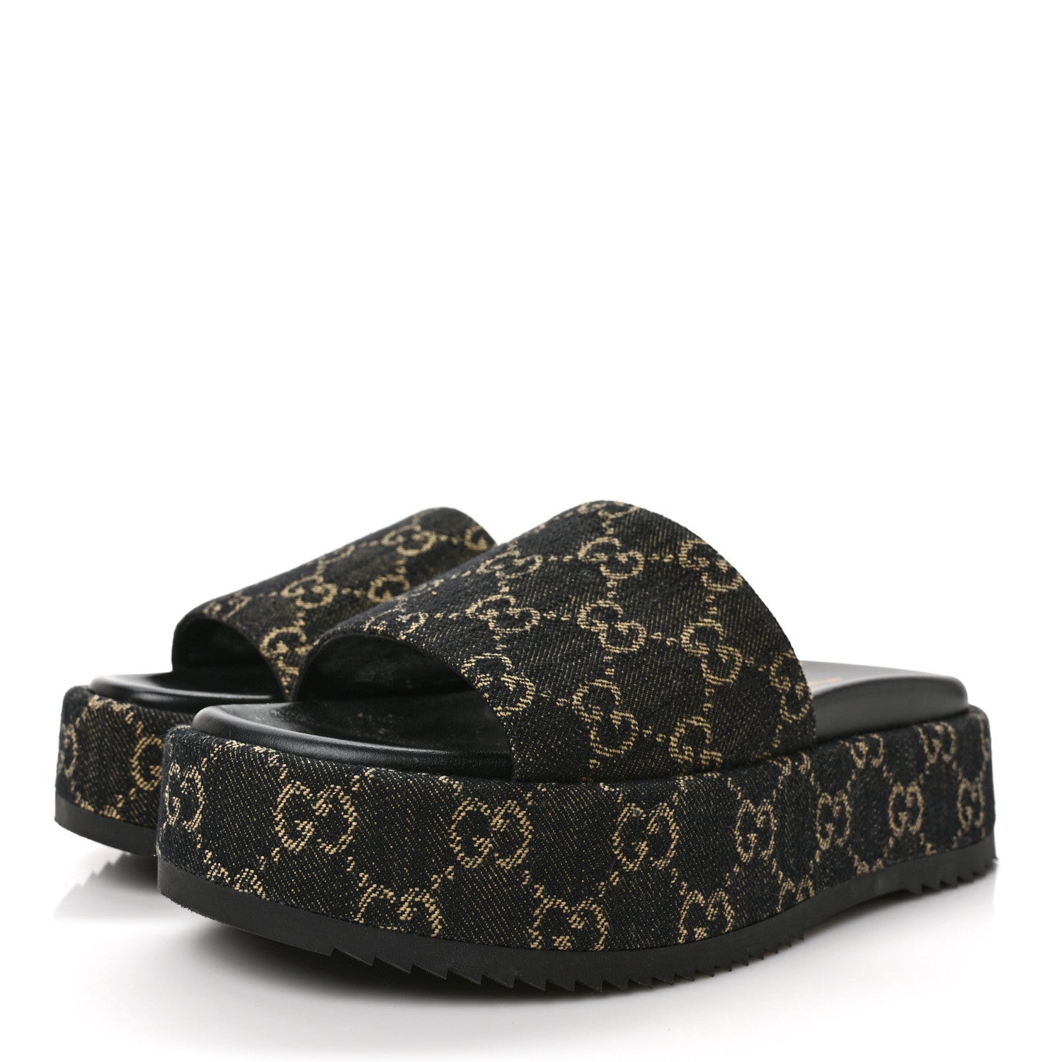 Gucci Jacquard Black Denim GG Monogram Angelina Platform 55mm Slide Sandals 38 Black Ivory 3 of 9