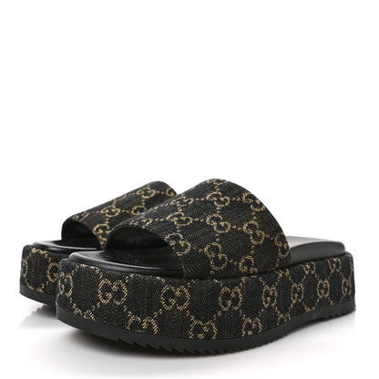Gucci Jacquard Black Denim GG Monogram Angelina Platform 55mm Slide Sandals 38 Black Ivory 3 of 9