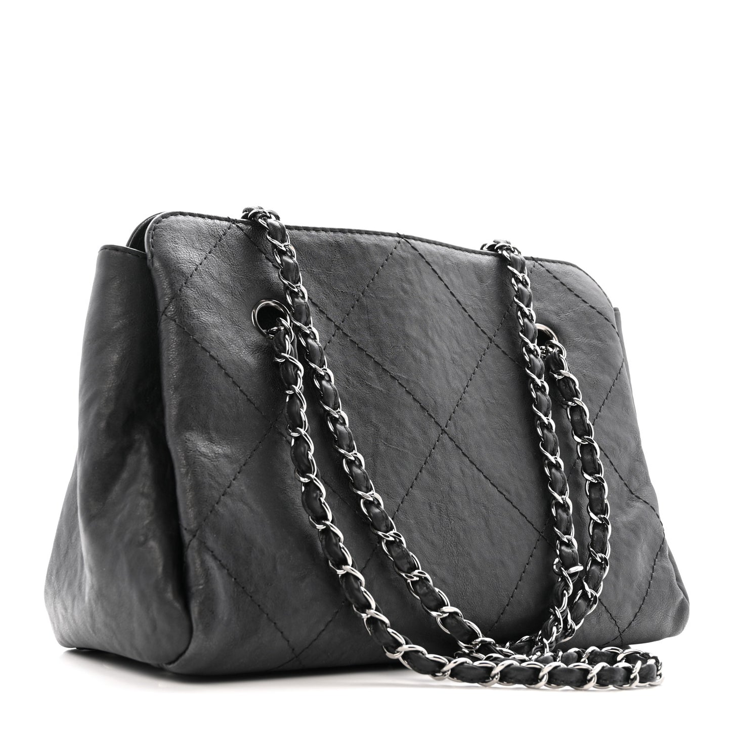 Washed Calfskin Diamond Stitch Hamptons Shopping Tote Black