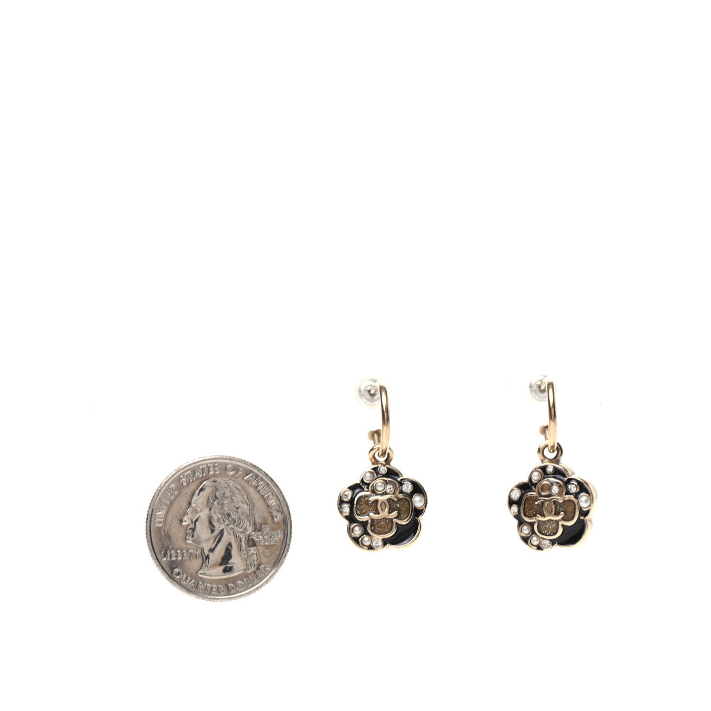 Enamel Pearl CC Camellia Drop Earrings Black
