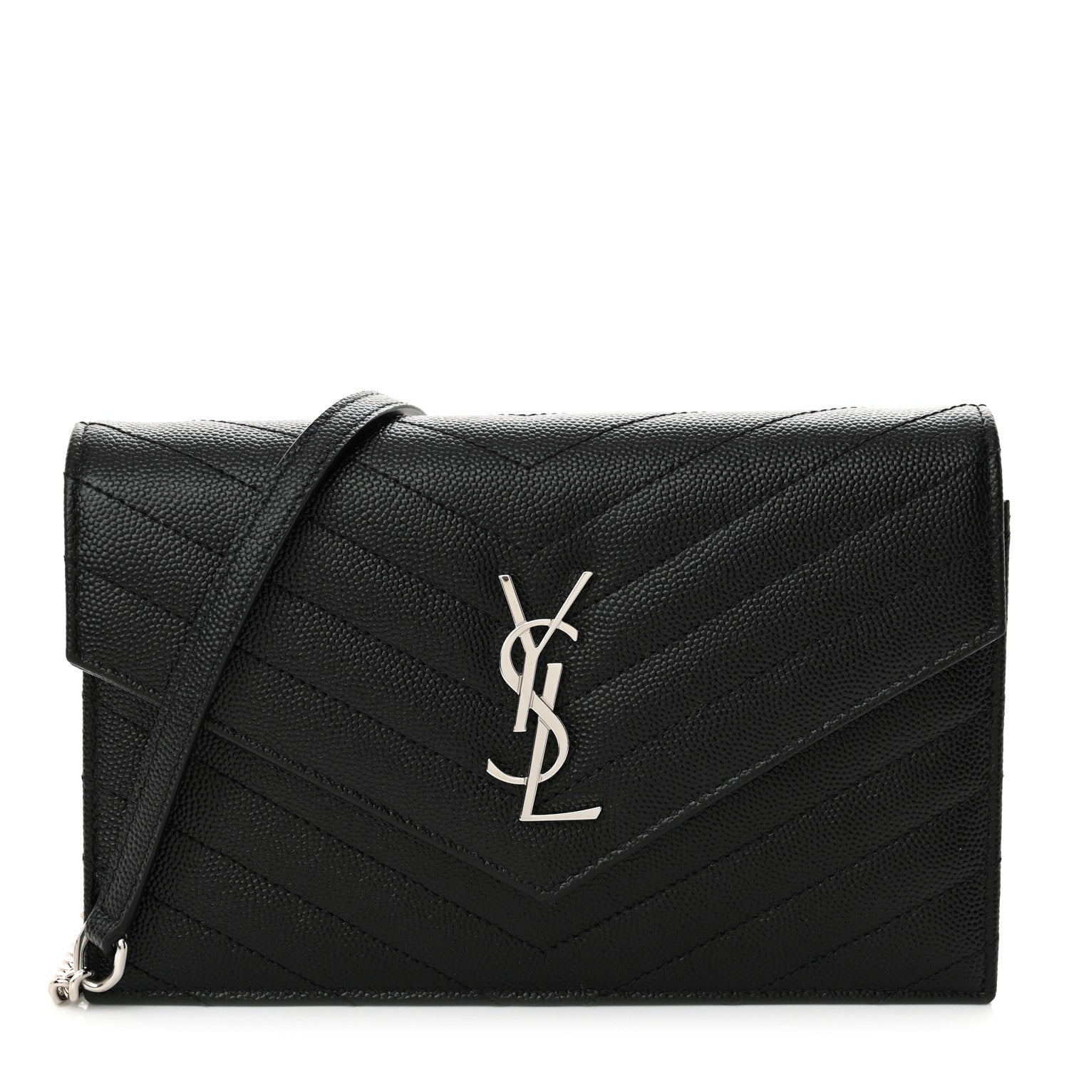 Saint Laurent Grain De Poudre Matelasse Chevron Monogram Envelope Chain Wallet Black 1 of 11