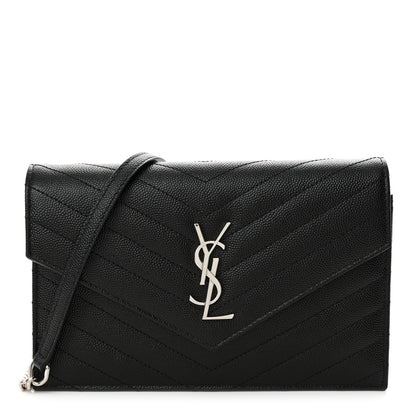 Saint Laurent Grain De Poudre Matelasse Chevron Monogram Envelope Chain Wallet Black 1 of 11