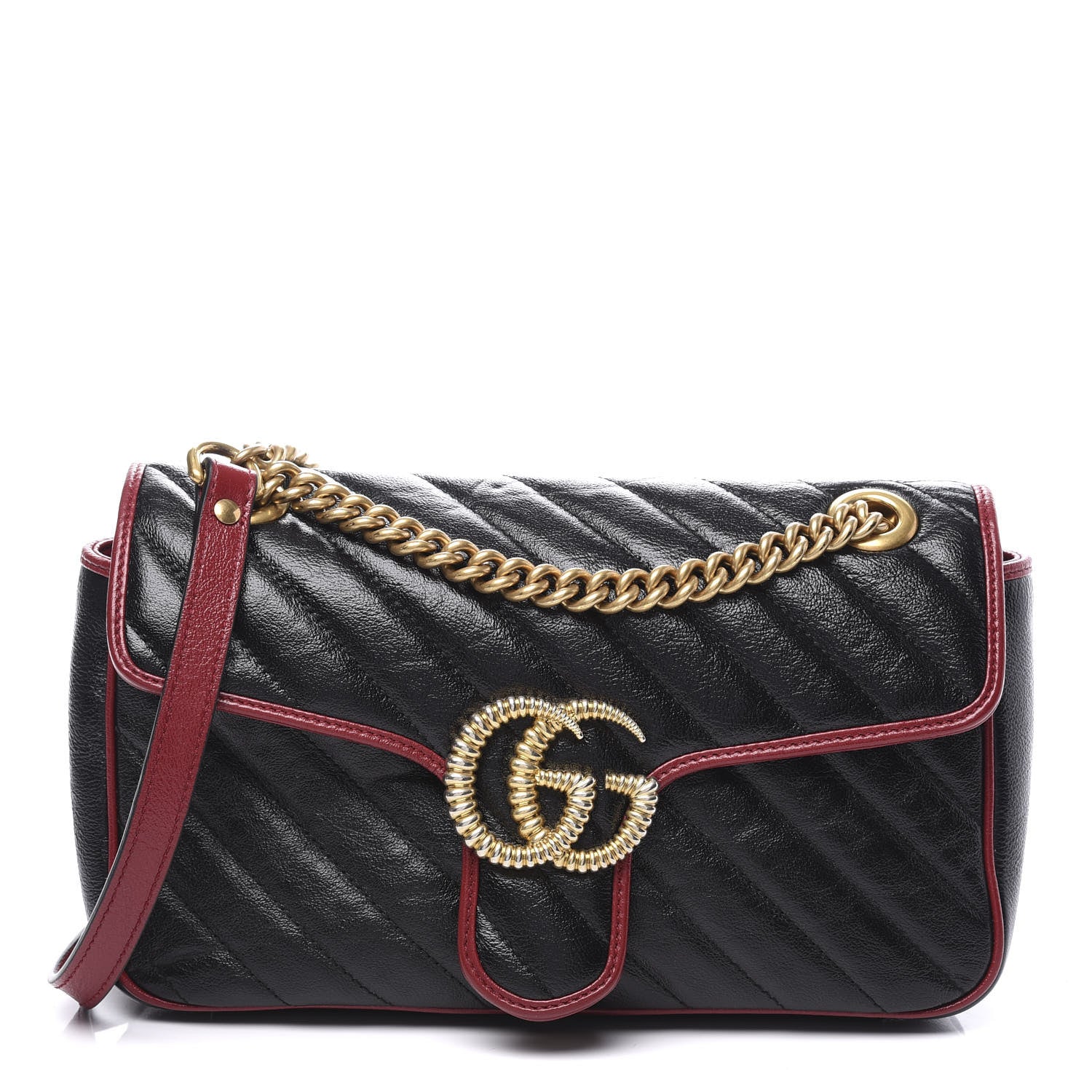 Gucci Vintage Effect Calfskin Matelasse Diagonal Small Torchon GG Marmont Shoulder Bag Black Romantic Cherry 1 of 11