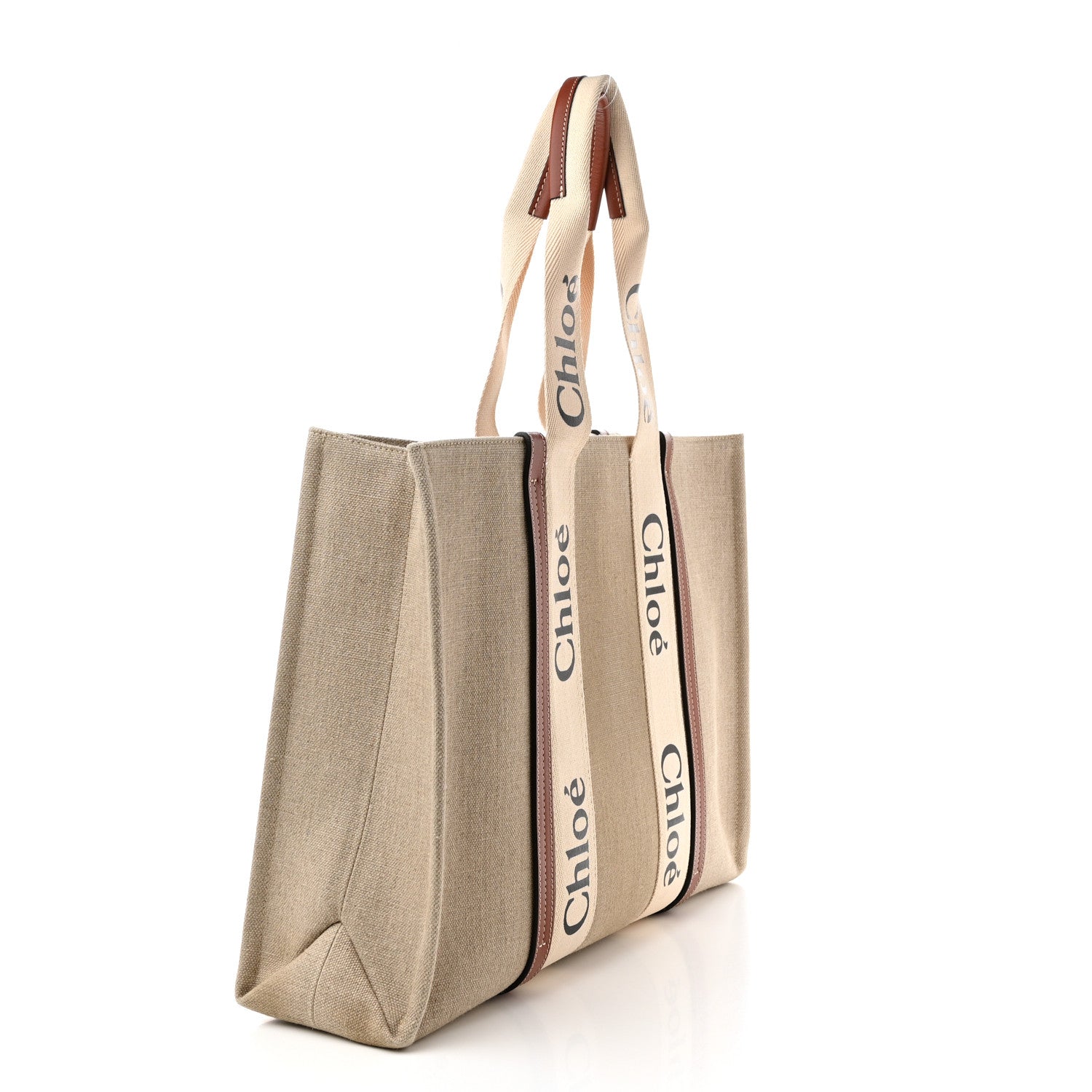Chloe Linen Calfskin Large Woody Ribbon Tote White Brown 3 of 12