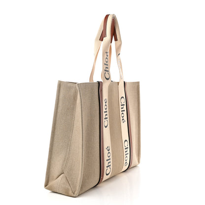 Chloe Linen Calfskin Large Woody Ribbon Tote White Brown 3 of 12