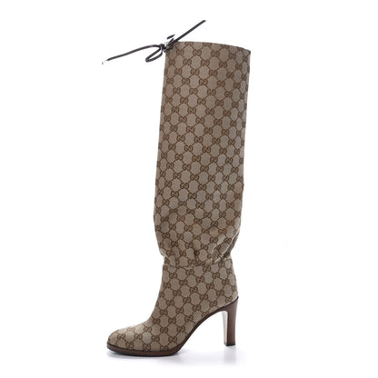Gucci Monogram Malaga Kid Lisa Mid Heel Boots 38 Beige Ebony 1 of 9