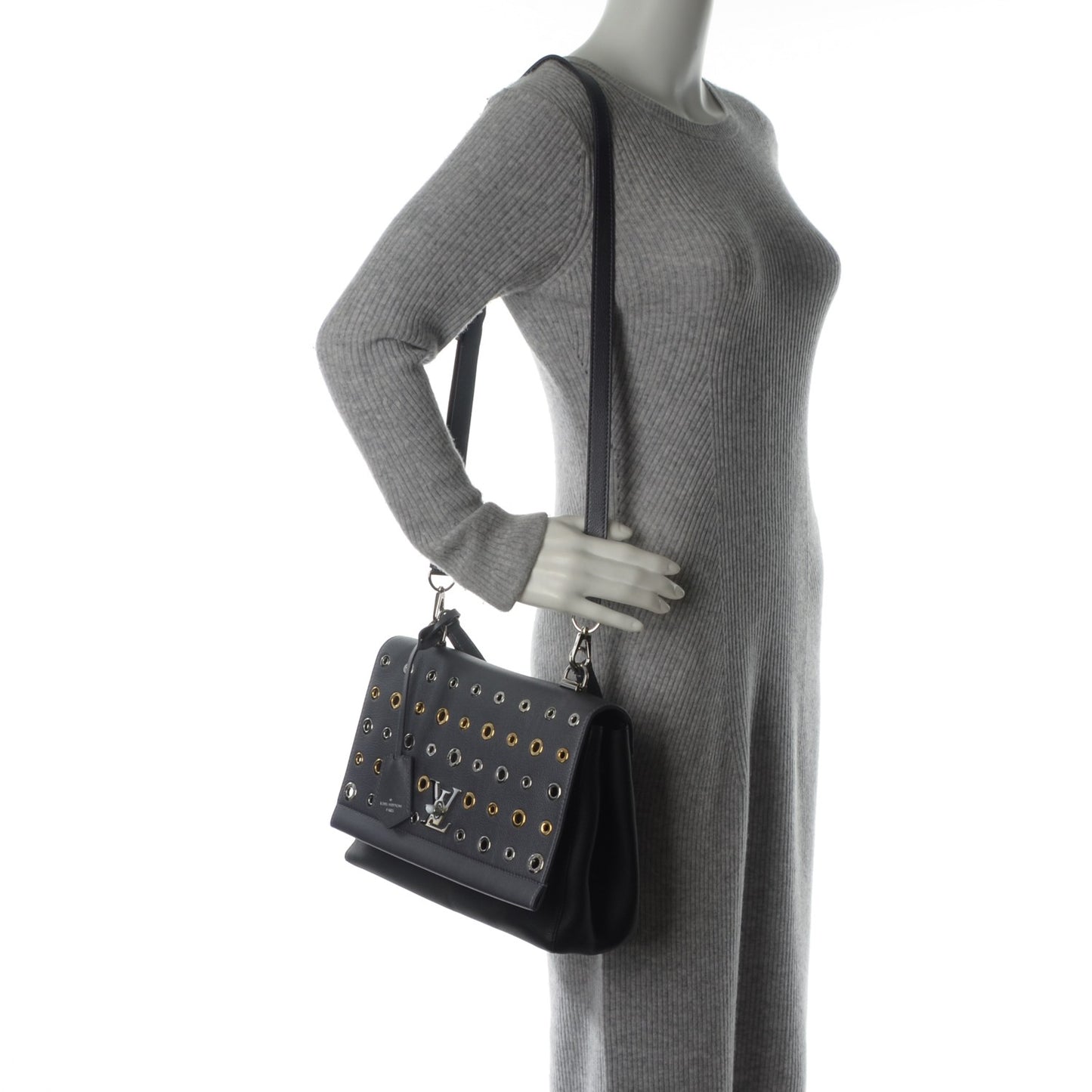 Soft Calfskin Eyelet Lockme II Top Handle Gris Silver