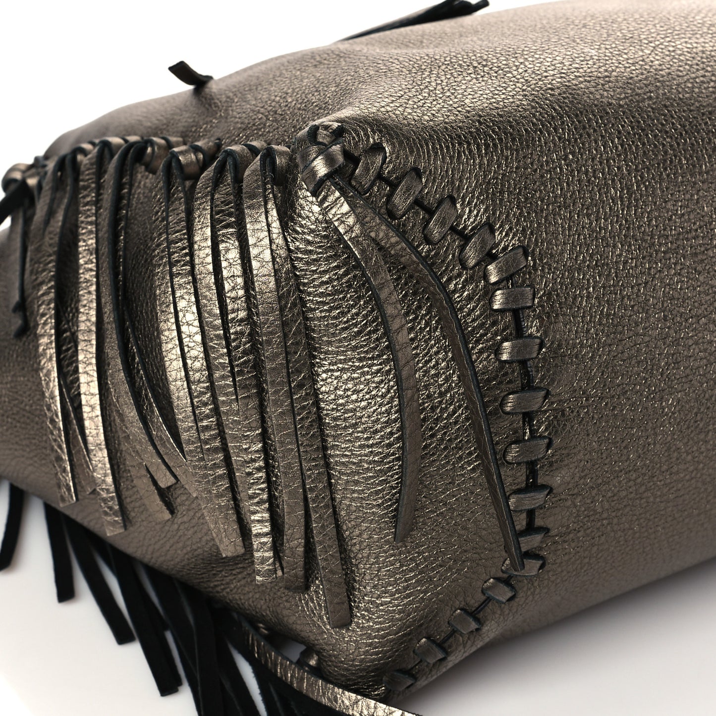 Metallic Grained Calfskin C-Rockee Fringe Tote Sasso