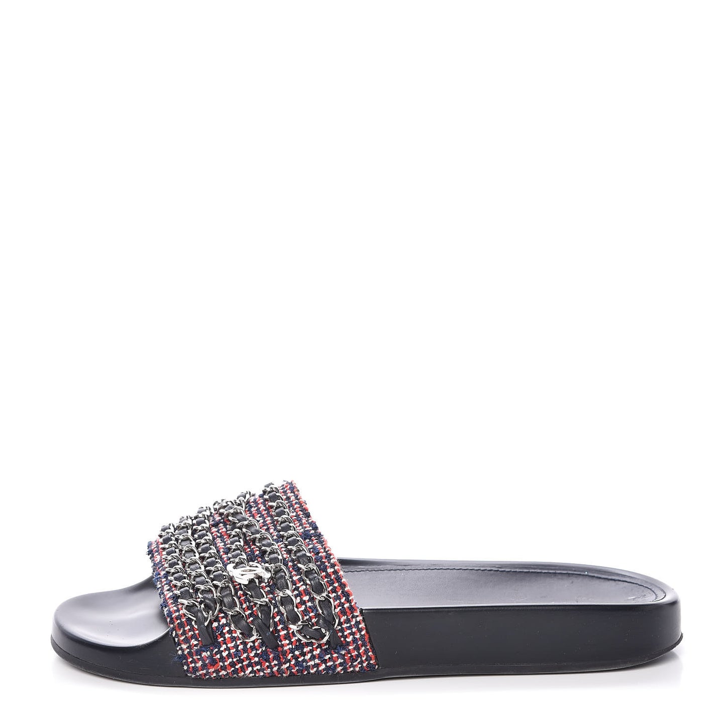 Tweed Lambskin Chain Flat Sandals 39 Black Multicolor