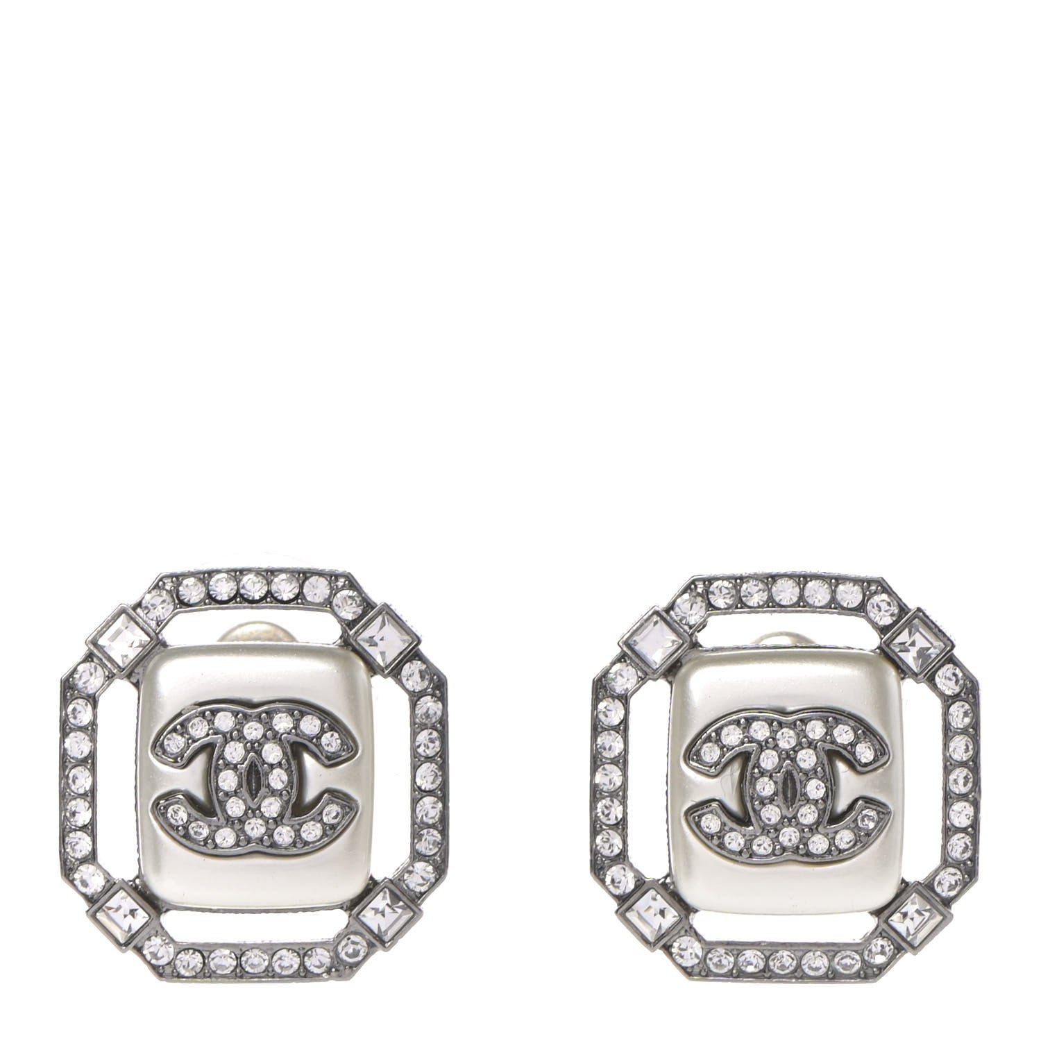 Chanel Pearl Crystal CC Earrings Silver 1 of 4