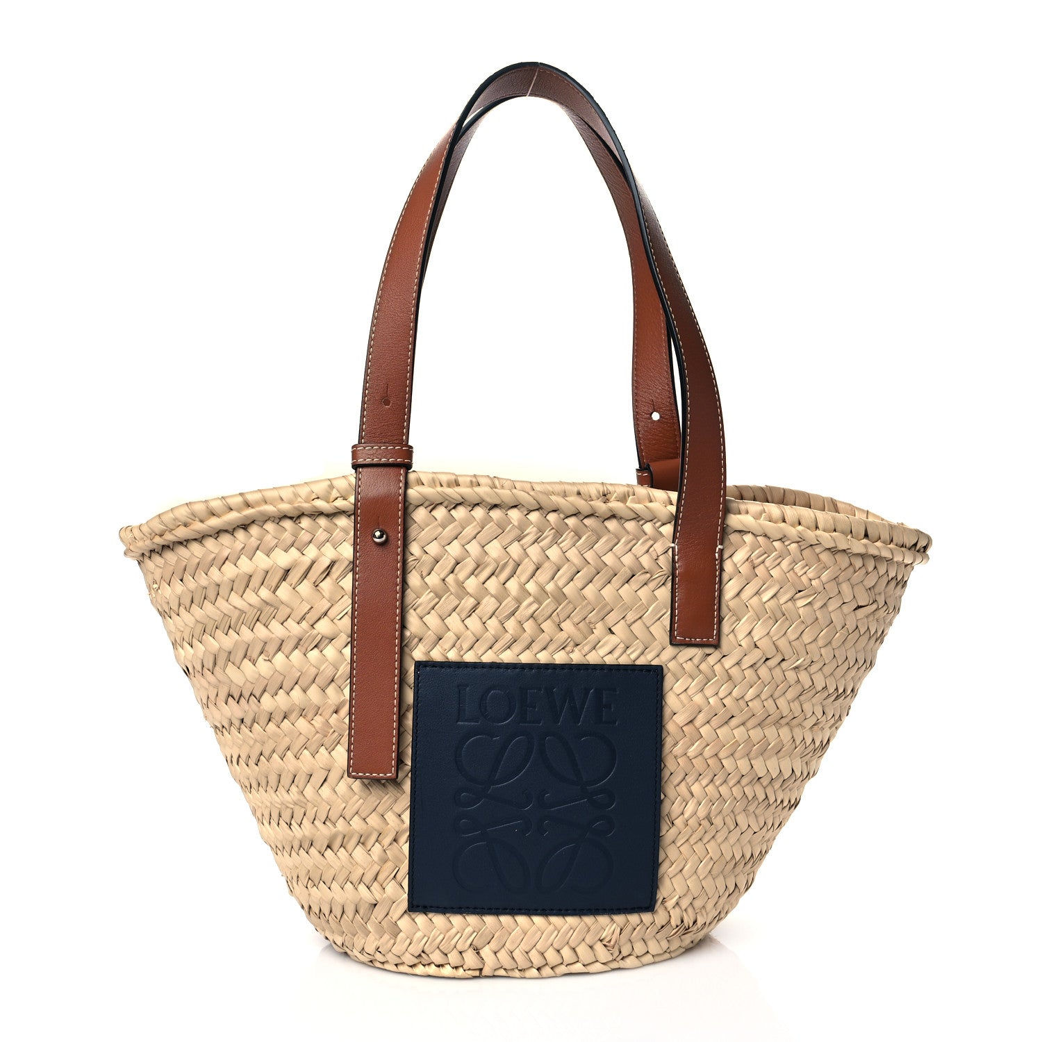 Loewe Raffia Small Basket Tote Bag Natural Tan Navy 1 of 7