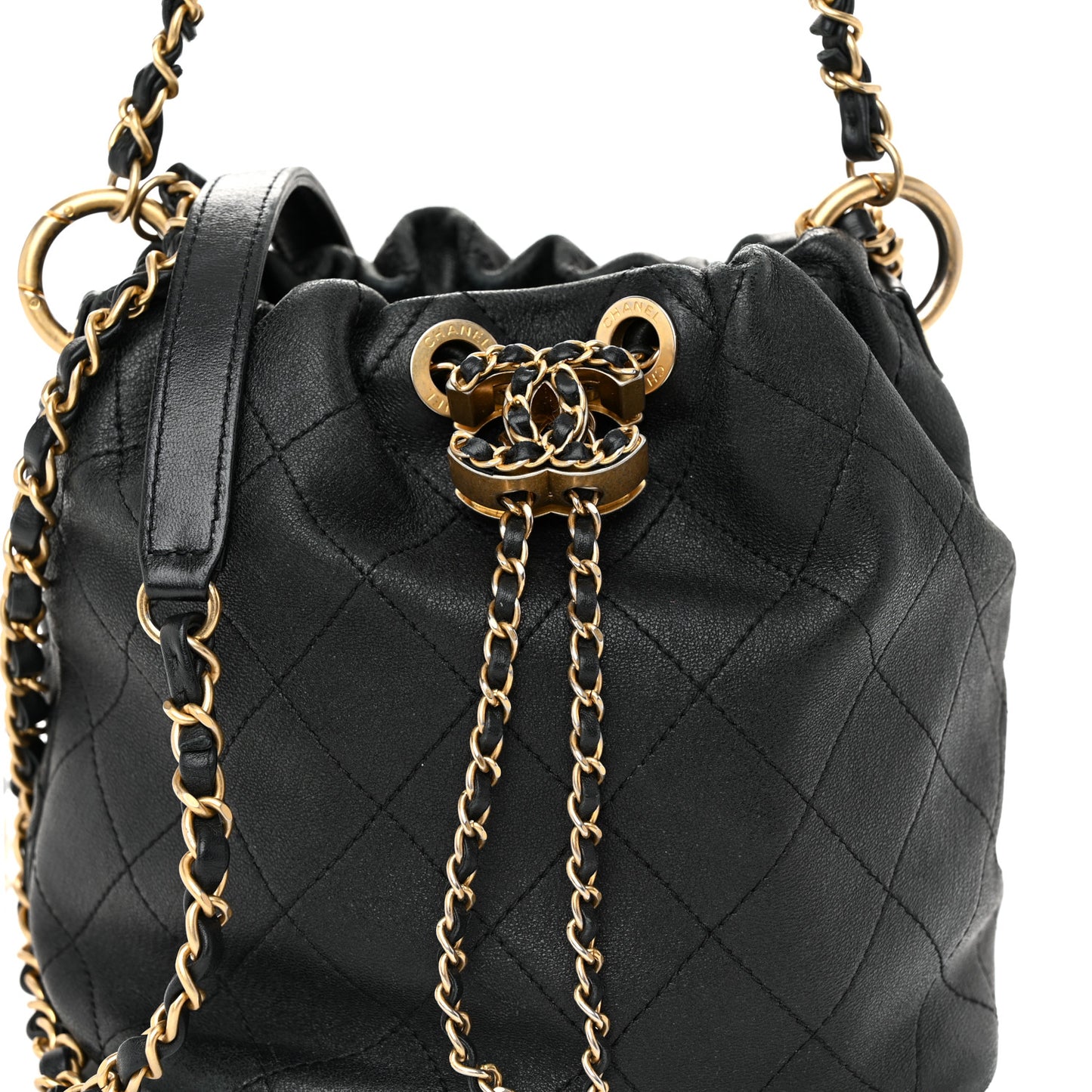 Lambskin Quilted Antique Signs Drawstring Bag Black