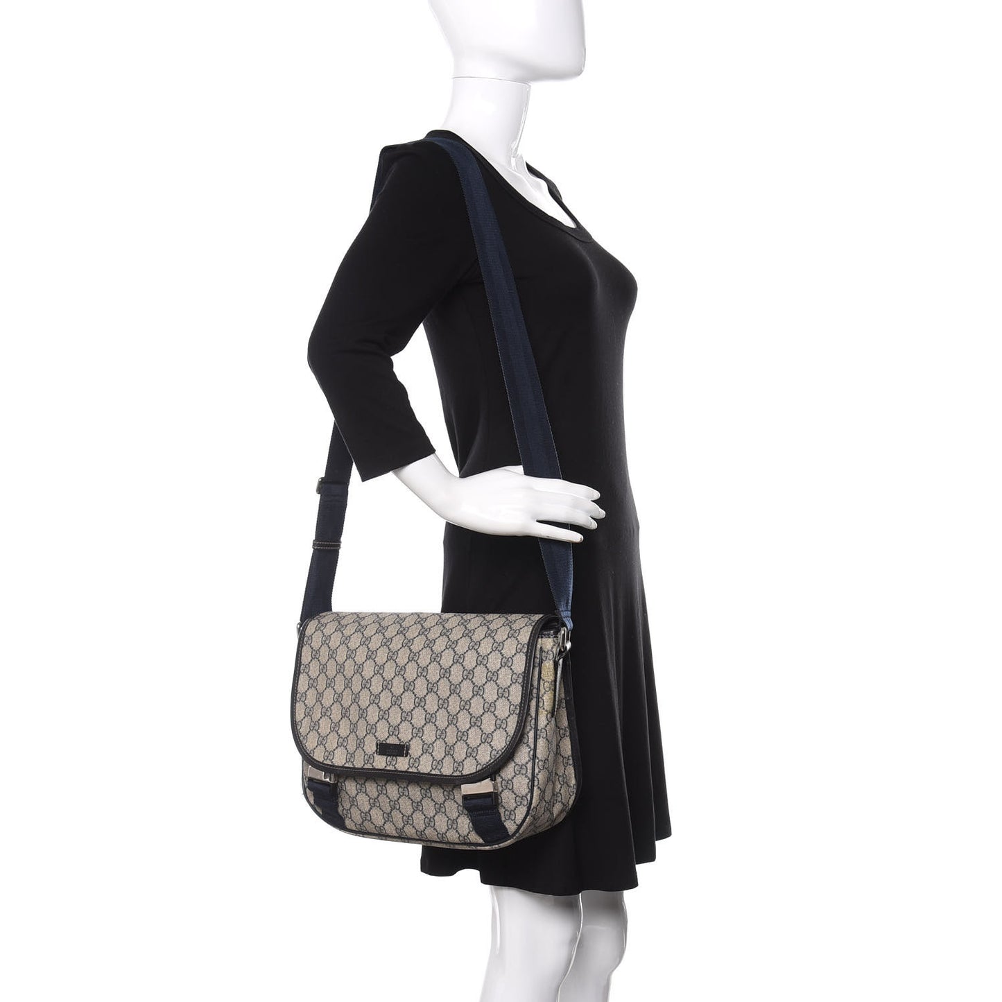 GG Plus Monogram Medium Double Buckle Flap Messenger Bag Beige Navy