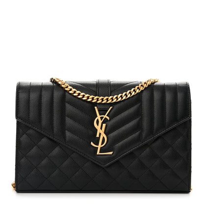 Saint Laurent Grain De Poudre Mixed Matelasse Triquilt Monogram Chain Wallet Black 1 of 11