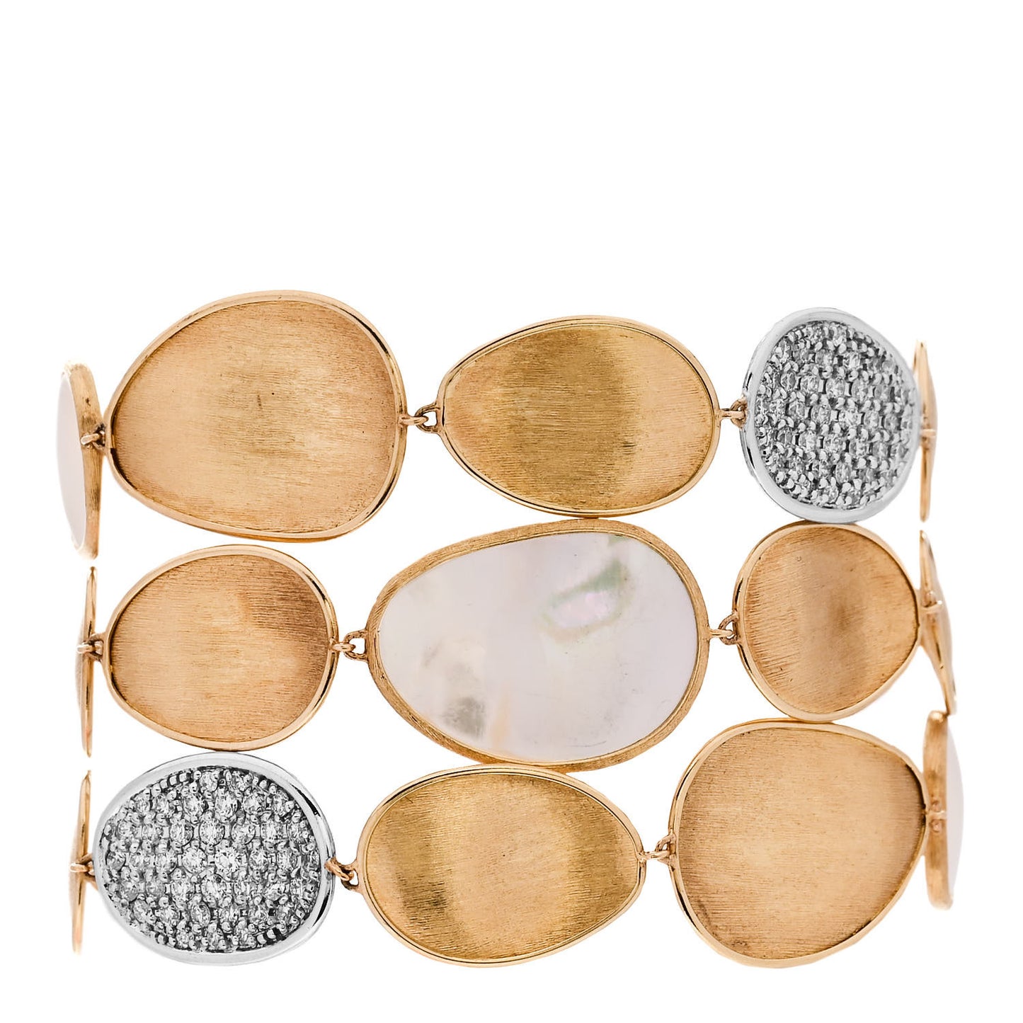 18K Yellow Gold Diamond Mother of Pearl Lunaria Three Row Bracelet