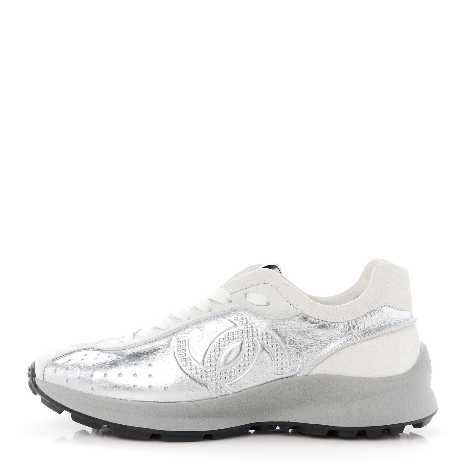 Chanel Laminated Calfskin Suede CC Sneakers 37 Silver Light Grey 1 of 9