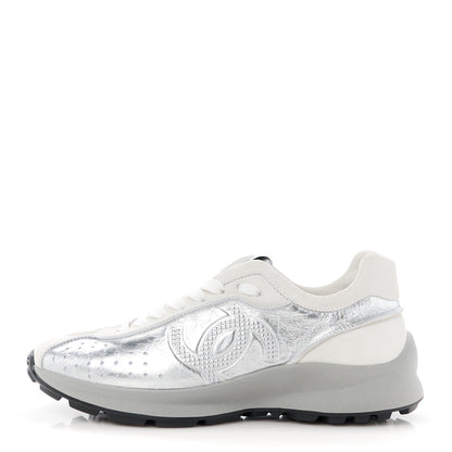 Chanel Laminated Calfskin Suede CC Sneakers 37 Silver Light Grey 1 of 9