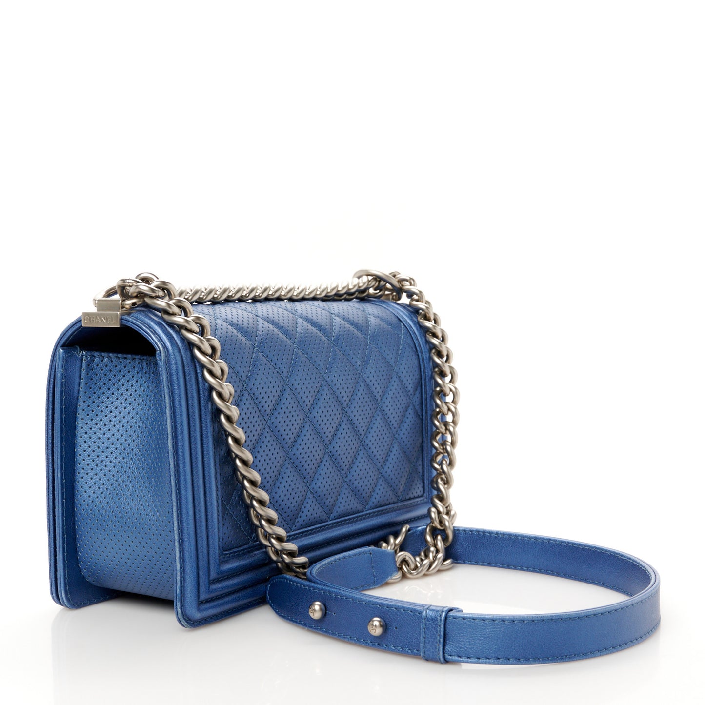 Metallic Lambskin Perforated Quilted Medium Boy Flap Blue