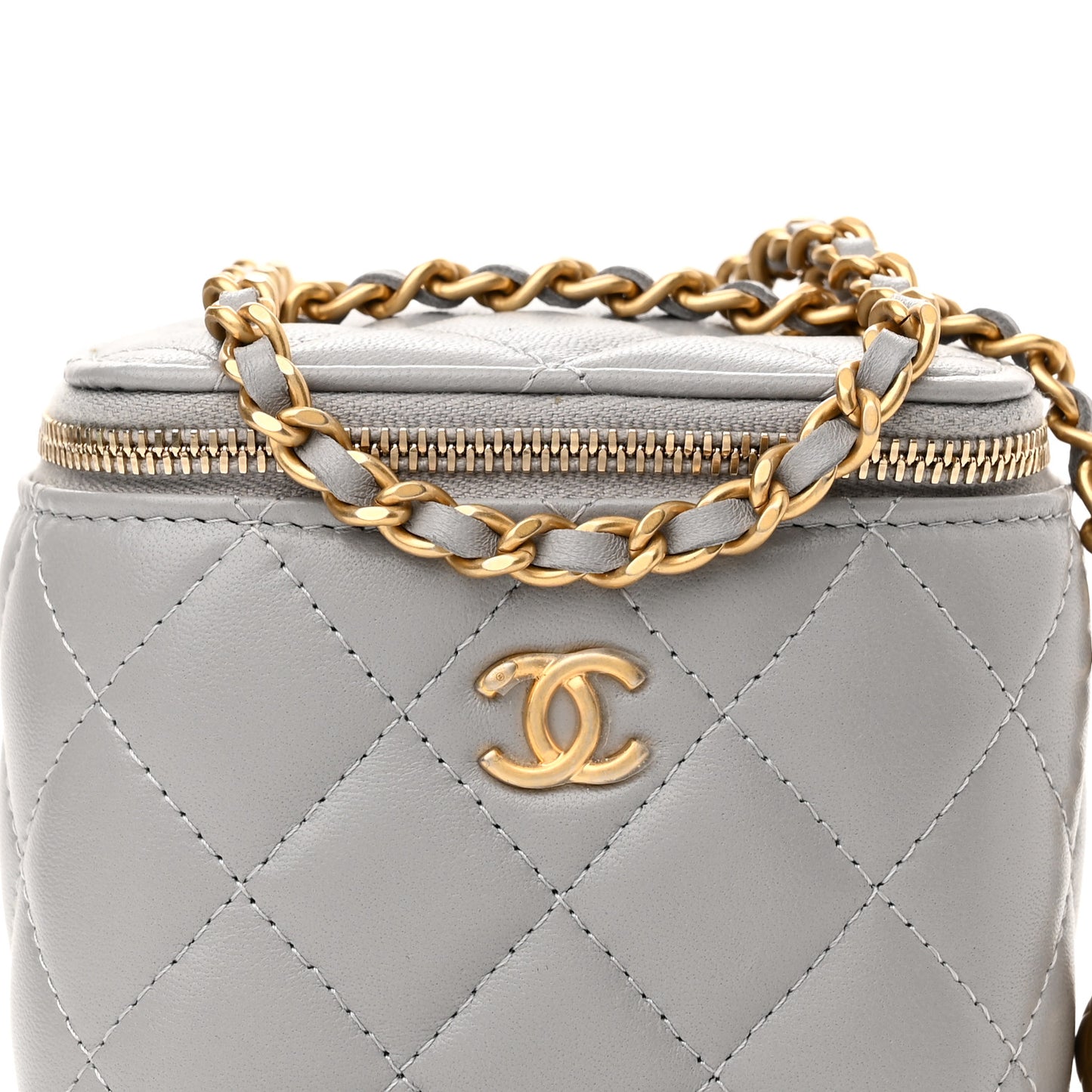 Lambskin Quilted Pearl Crush Mini Vanity Case With Chain Grey