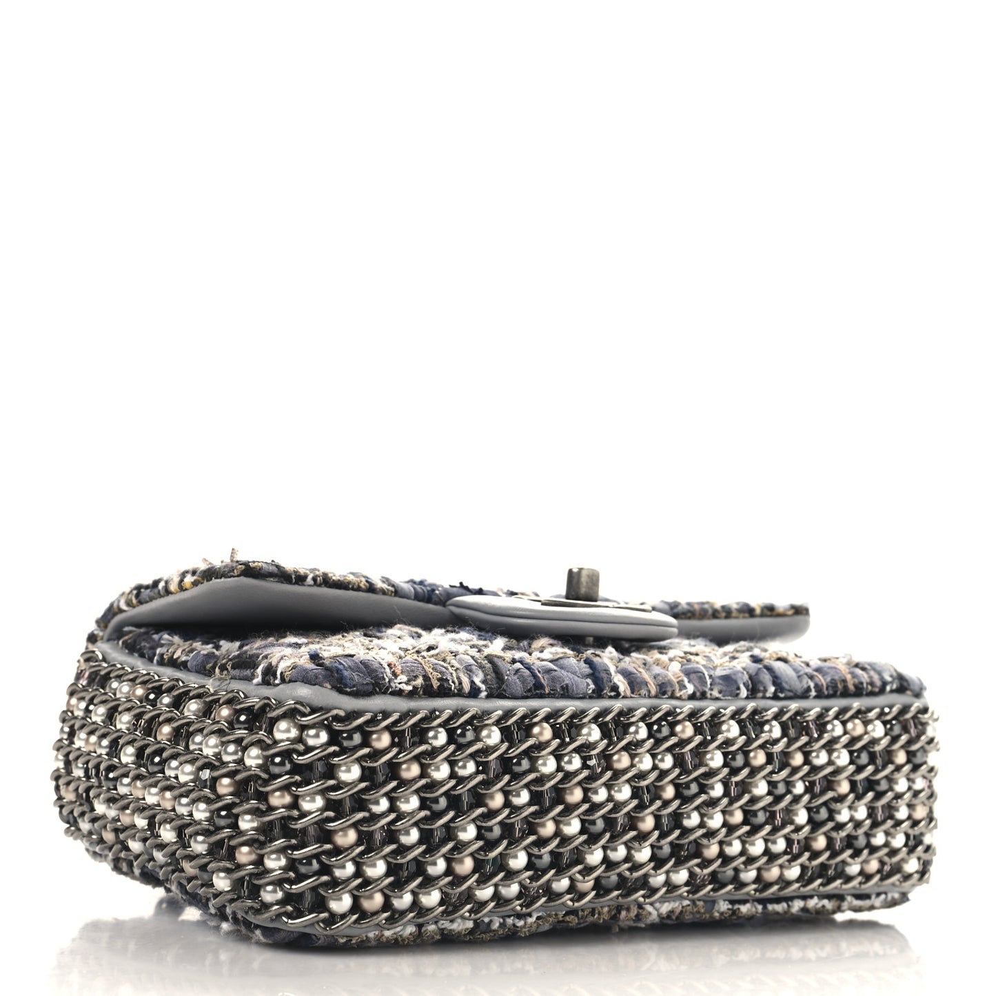 Tweed Quilted Mini Side Pearl Flap Bag Grey