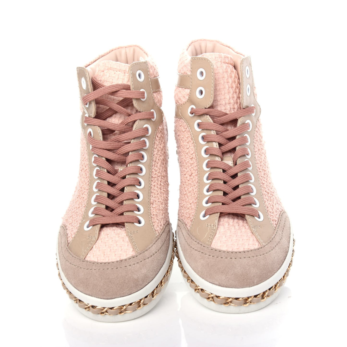 Tweed Patent Calfskin High Top Sneakers 37 Light Pink Light Beige