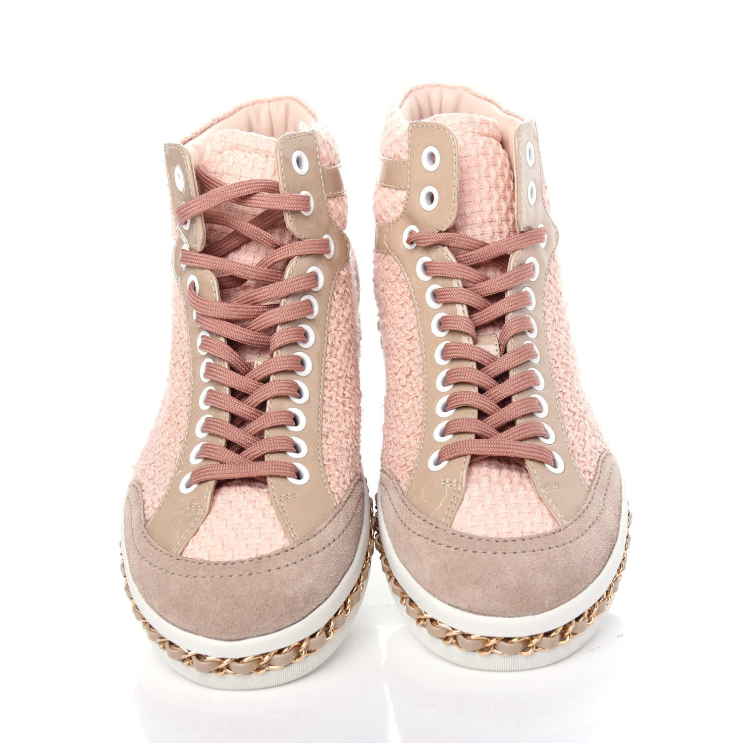 Chanel Tweed Patent Calfskin High Top Sneakers 37 Light Pink Light Beige 5 of 11