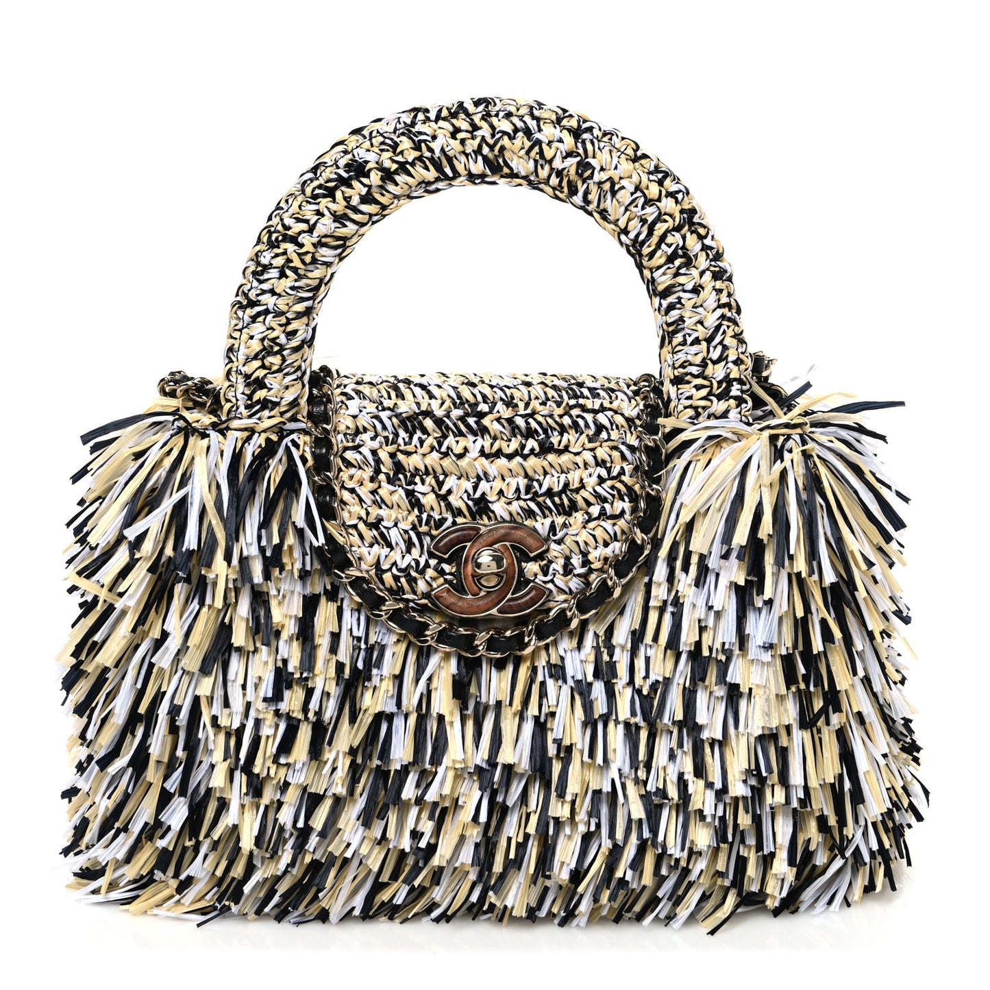 Raffia Fringe Nano Kelly Shopper Yellow Black White