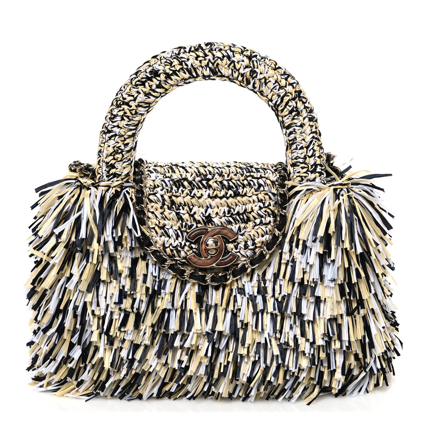 Chanel Raffia Fringe Nano Kelly Shopper Yellow Black White 1 of 10