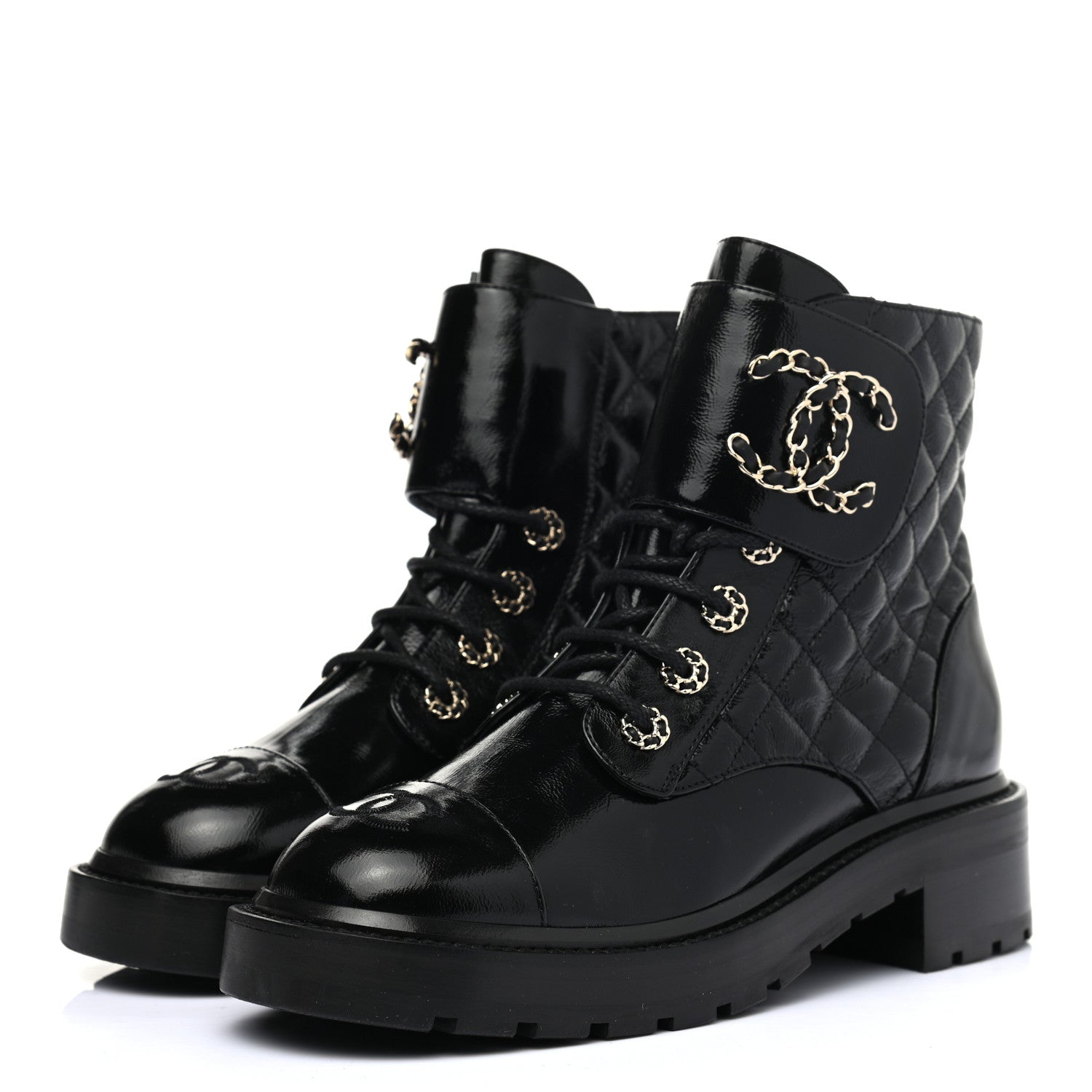 Chanel Shiny Calfskin Quilted Lace Up Combat Boots 37.5 Black 3 of 7
