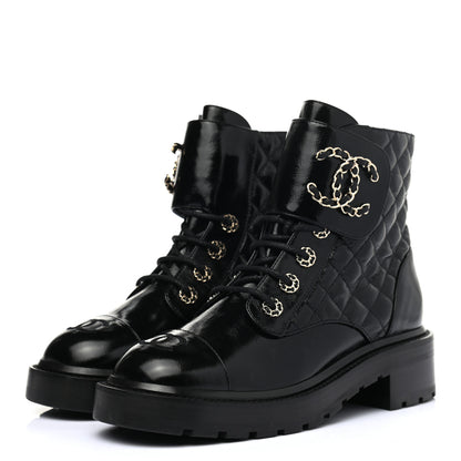 Chanel Shiny Calfskin Quilted Lace Up Combat Boots 37.5 Black 3 of 7