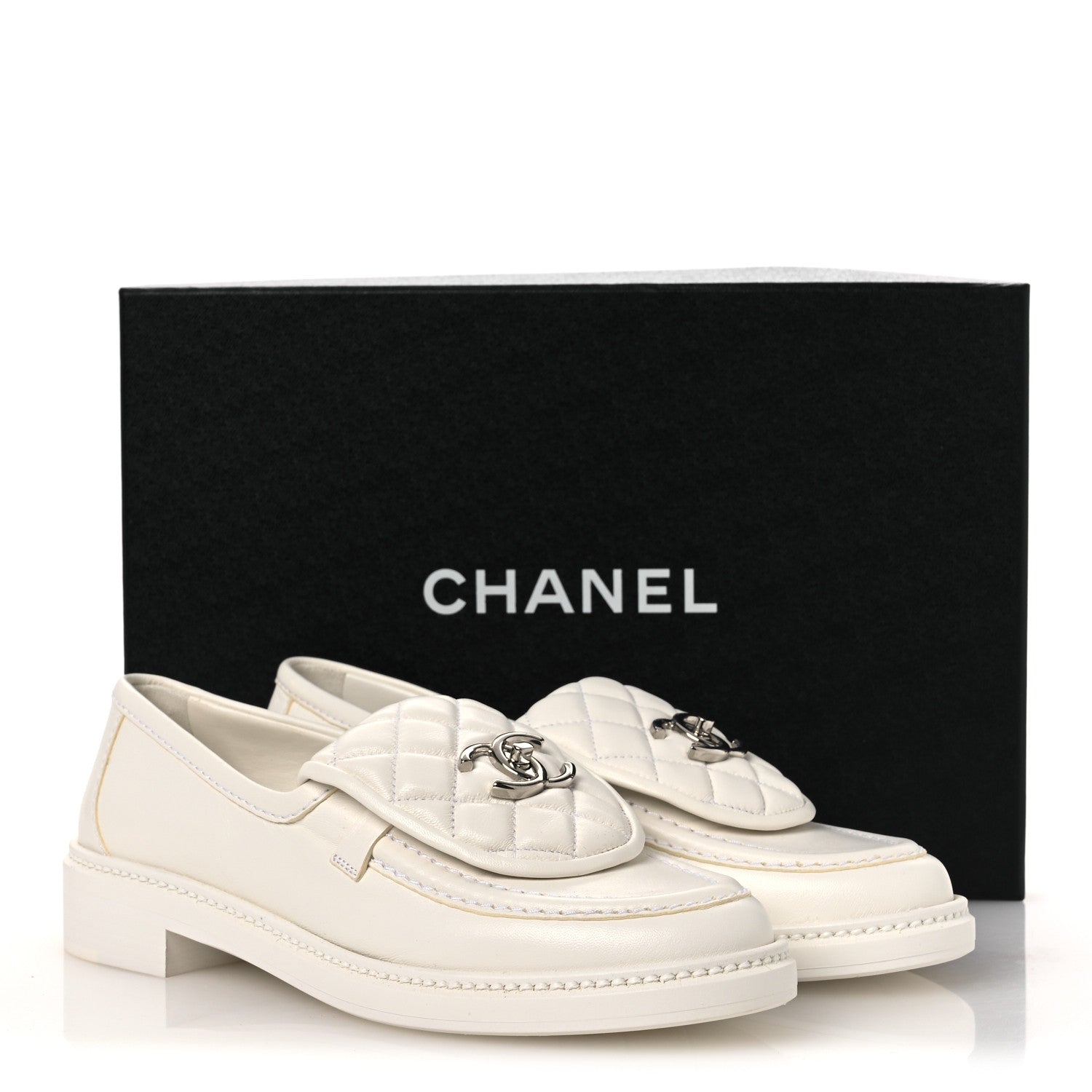 Chanel Shiny Lambskin Quilted CC Turnlock Loafers 37.5 White 12 of 12