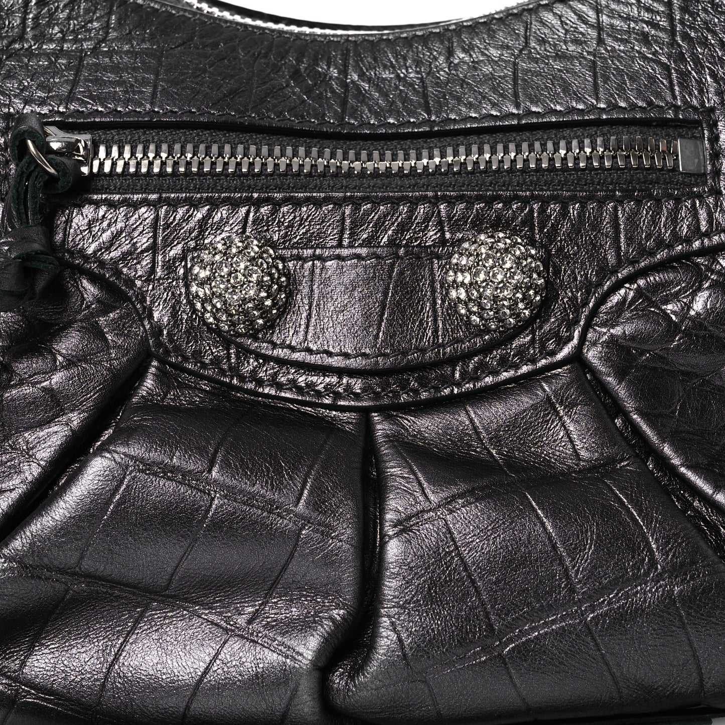 Metallic Calfskin Crocodile Embossed Crystal Small Le Cagole Shoulder Bag Gunmetal