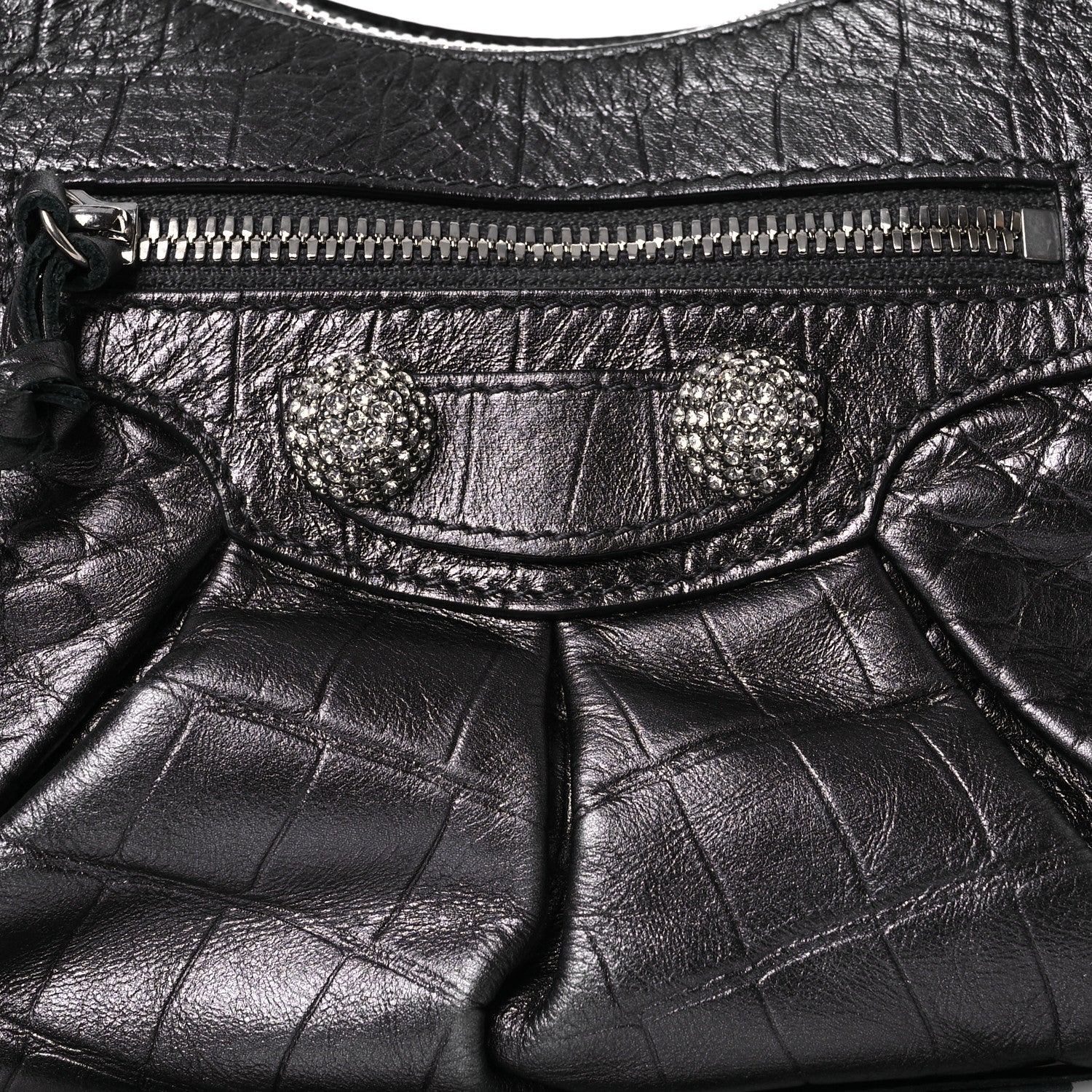 Balenciaga Metallic Calfskin Crocodile Embossed Crystal Small Le Cagole Shoulder Bag Gunmetal 9 of 14