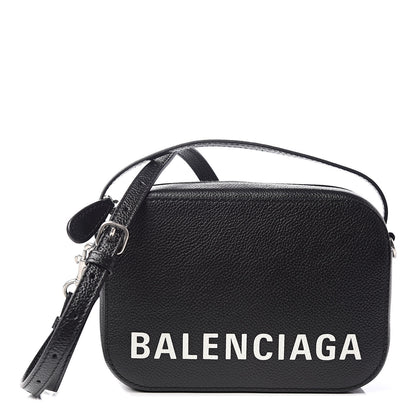 Balenciaga Grained Calfskin Logo XS Ville Top Handle Camera Bag Black White 1 of 11