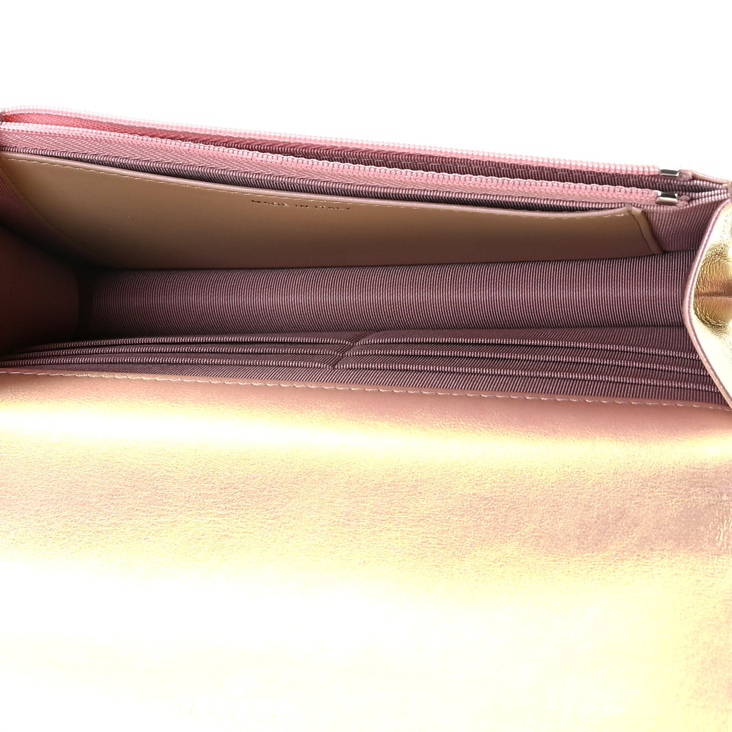 Iridescent Calfskin Quilted Wallet On Chain WOC Pink