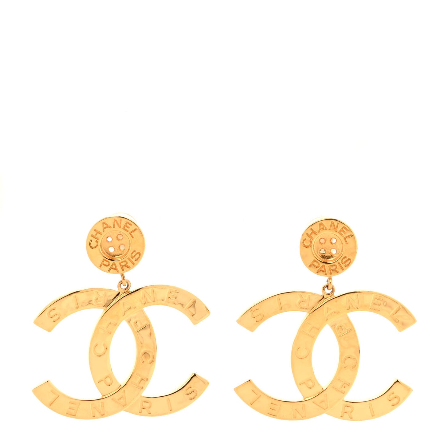 Metal Large Paris Button Clip On Earrings Gold
