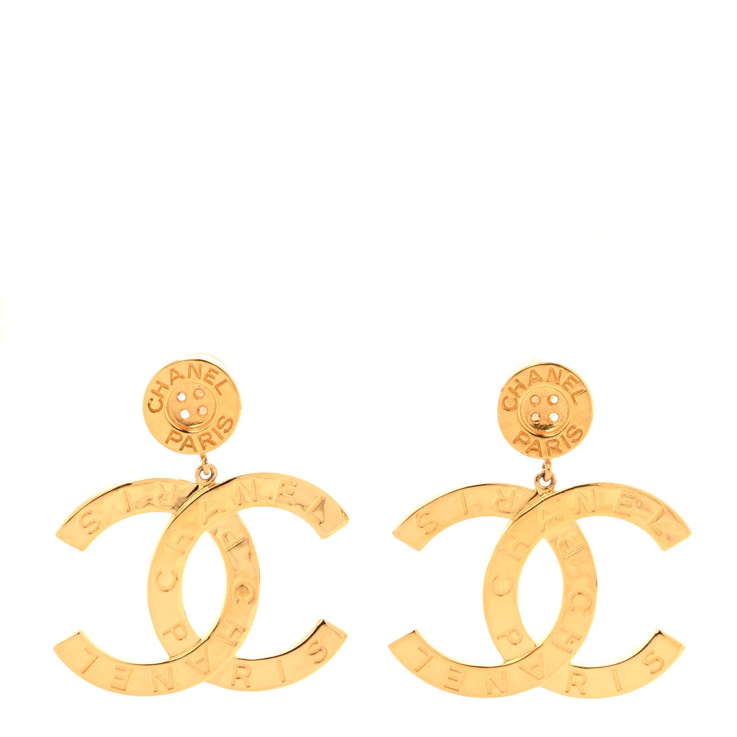 Chanel Metal Large Paris Button Clip On Earrings Gold 1 of 4