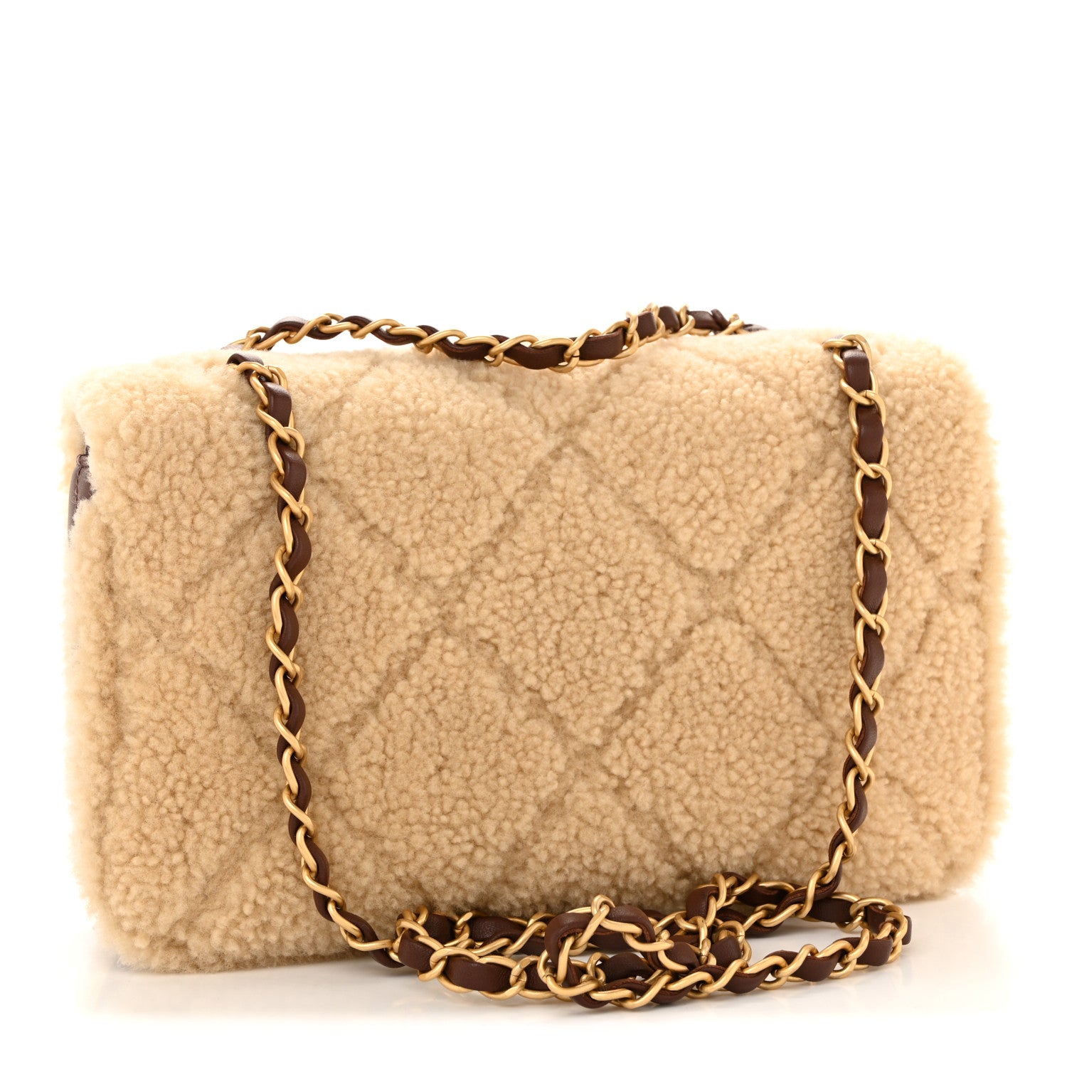 Chanel Shearling Lambskin Quilted Furry Coco Flap Dark Brown Beige