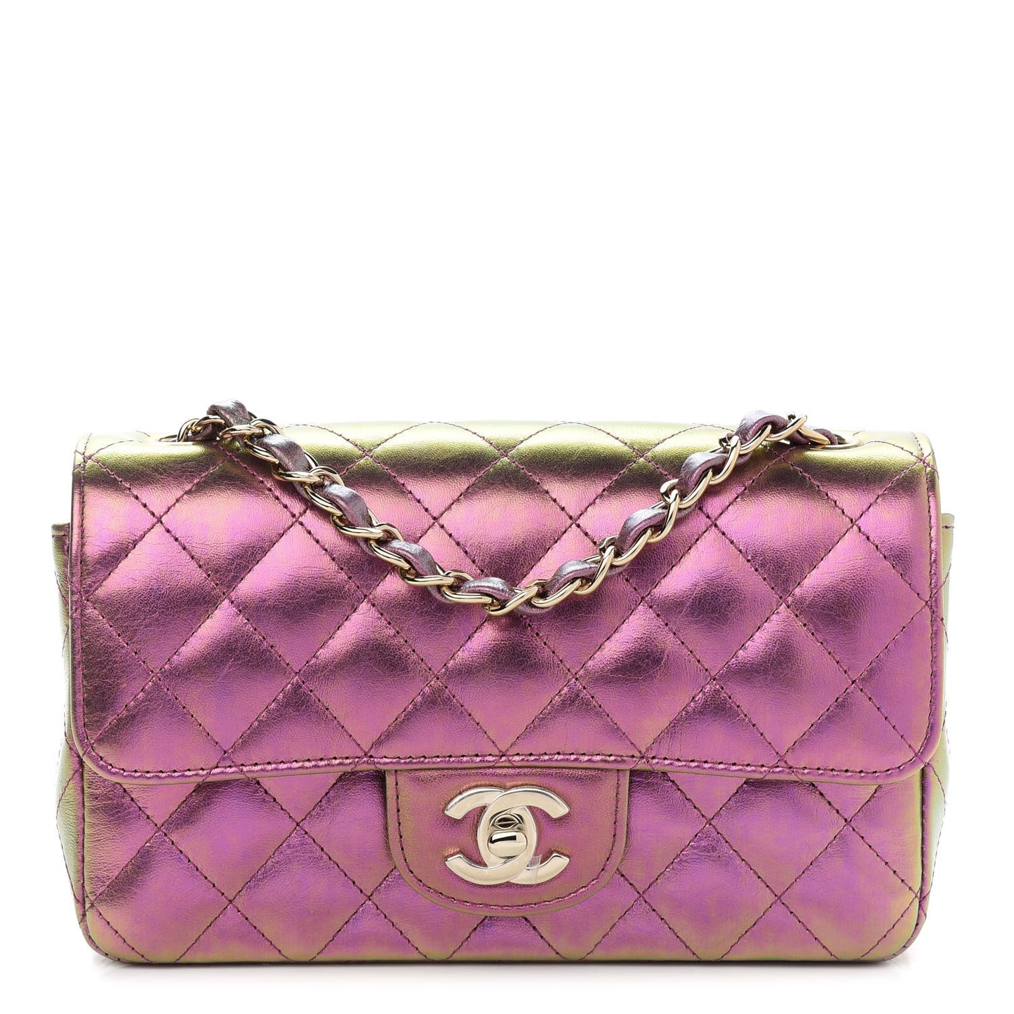 Iridescent Lambskin Quilted Mini Rectangular Flap Purple