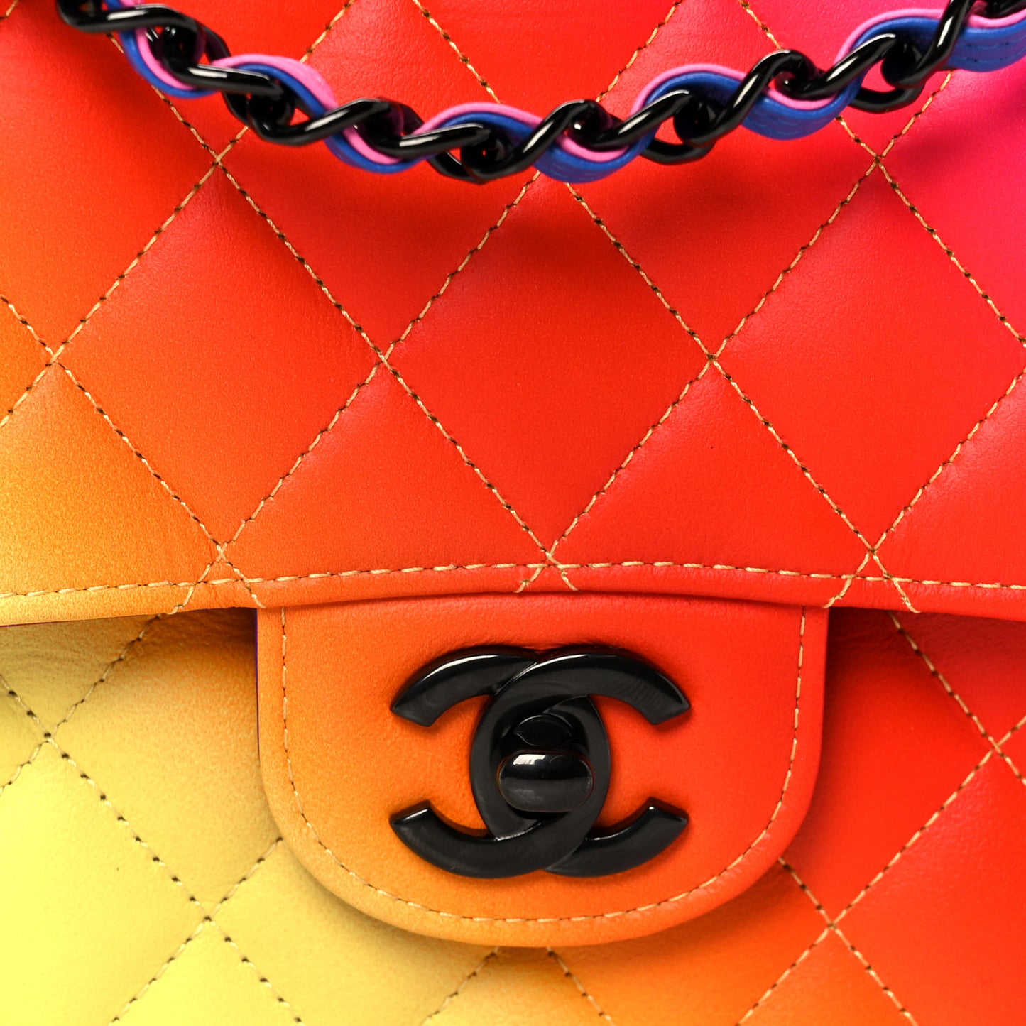 Calfskin Quilted Medium Rainbow Double Flap Multicolor