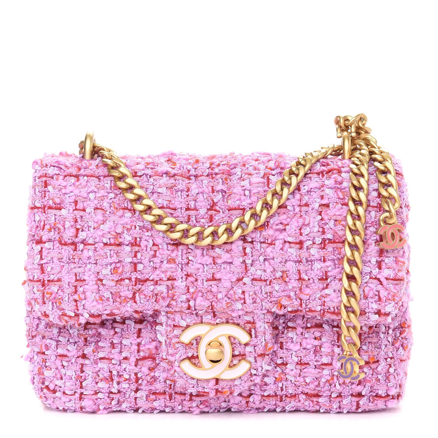 Tweed Enamel Quilted Mini Pending CC Square Flap Light Purple Pink Red