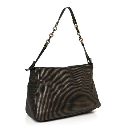 Fendi Metallic Nubuck Striped Big Forever Mama Baguette Black Gold 3 of 11