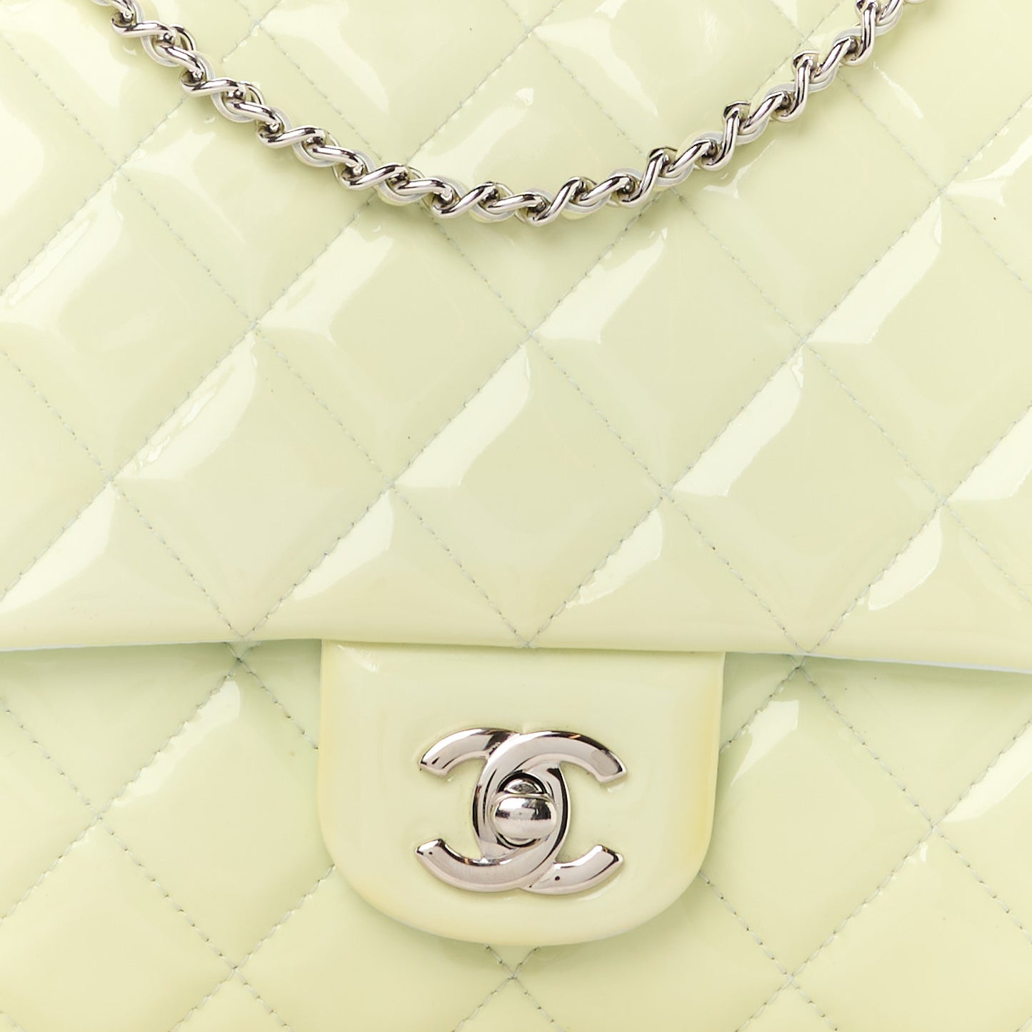 Patent Quilted Clutch with Chain Flap Light Green