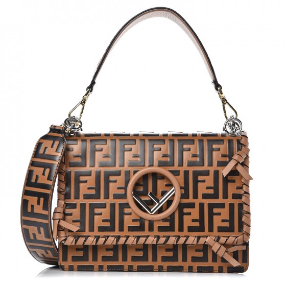 Vitello Century F is Fendi Whipstitch Threads FF Embossed Kan I Shoulder Bag Tobacco Orzo