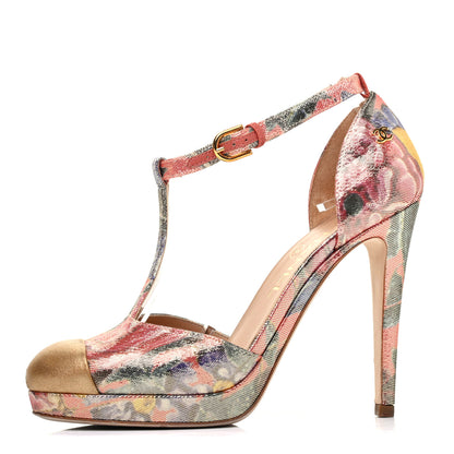 Chanel Crepe Calfskin Floral Printed Metallic Calfskin Cap Toe CC Ankle Strap Pumps 36.5 Coral Gold 1 of 13