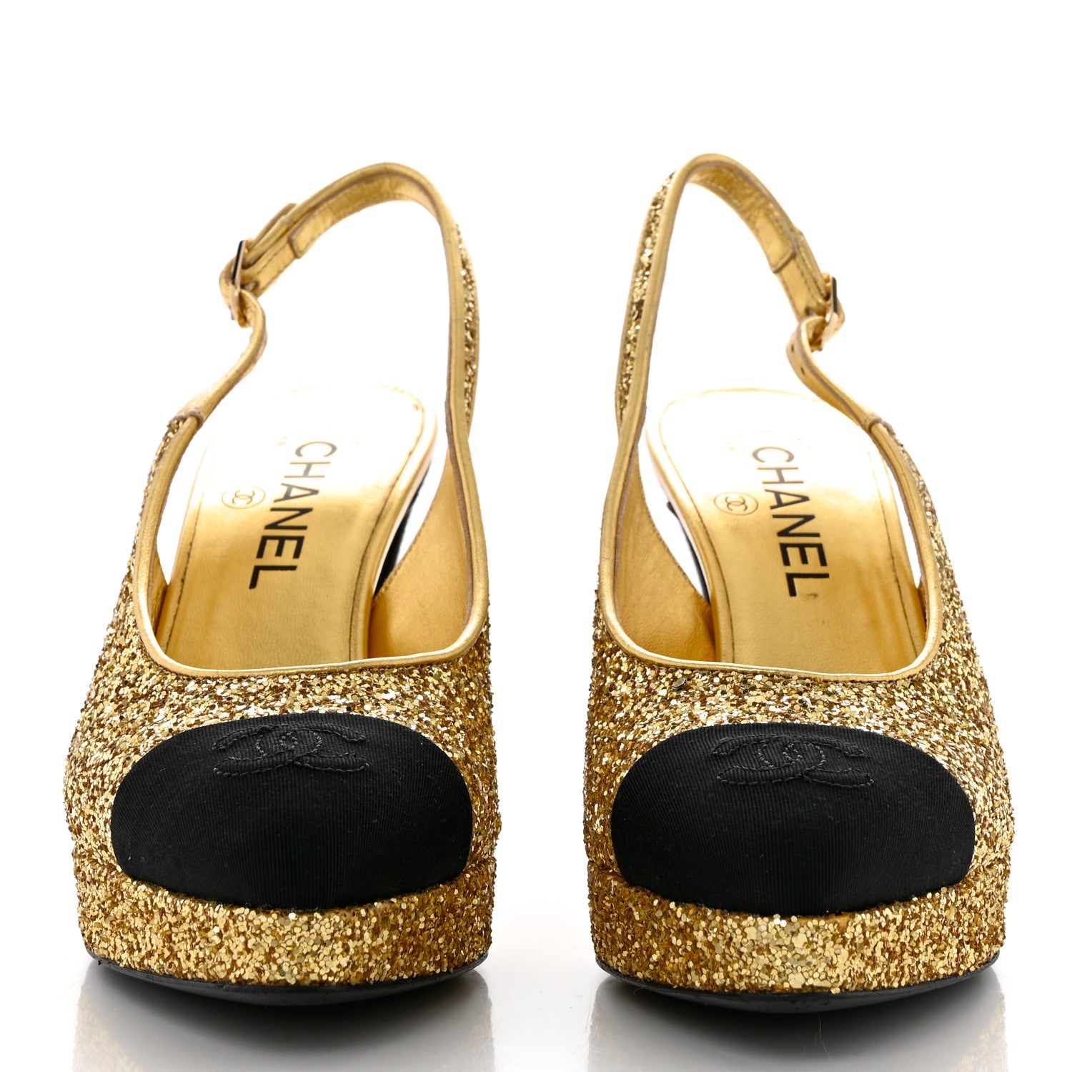 Chanel Glitter Grosgrain Cap Toe CC Slingback Pumps 37.5 Gold Black 2 of 9
