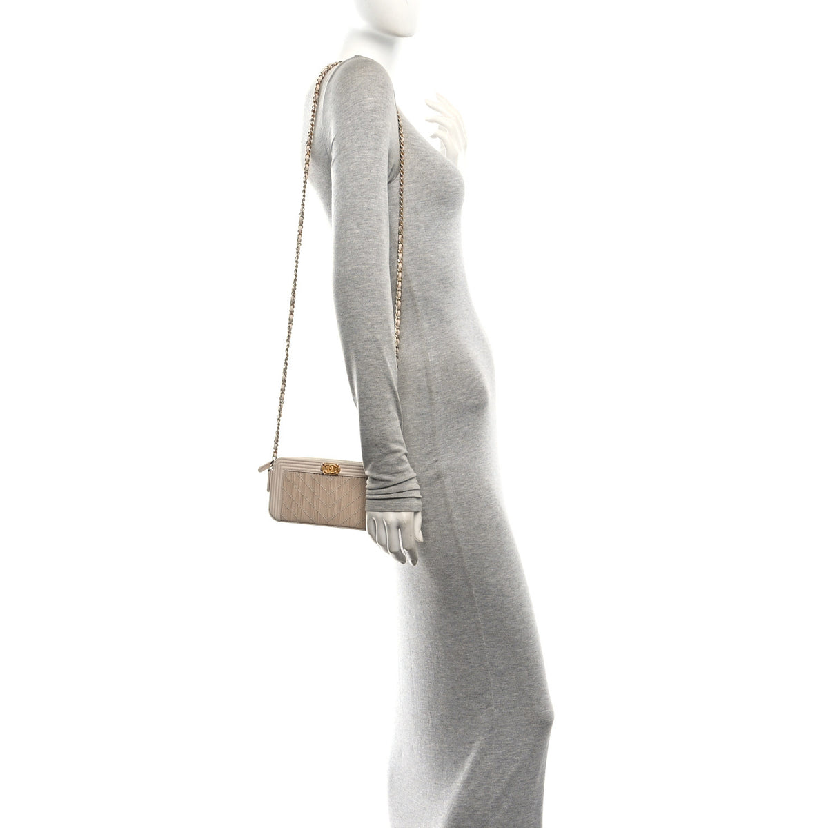 Chanel Crumpled Lambskin Chevron Quilted Pleated Small Boy Clutch With Chain Beige 2 of 11
