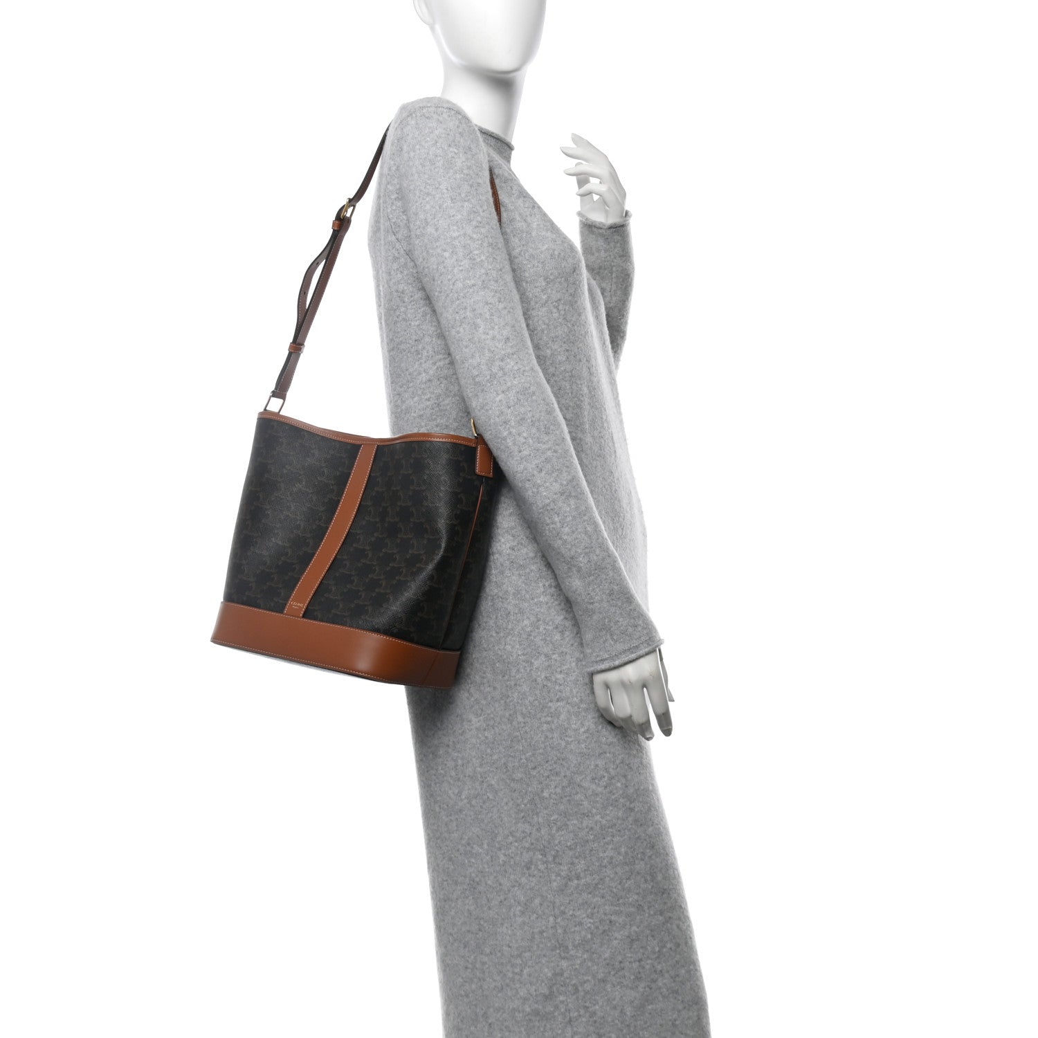 Celine Triomphe Canvas Calfskin Medium Bucket Bag Tan 2 of 11