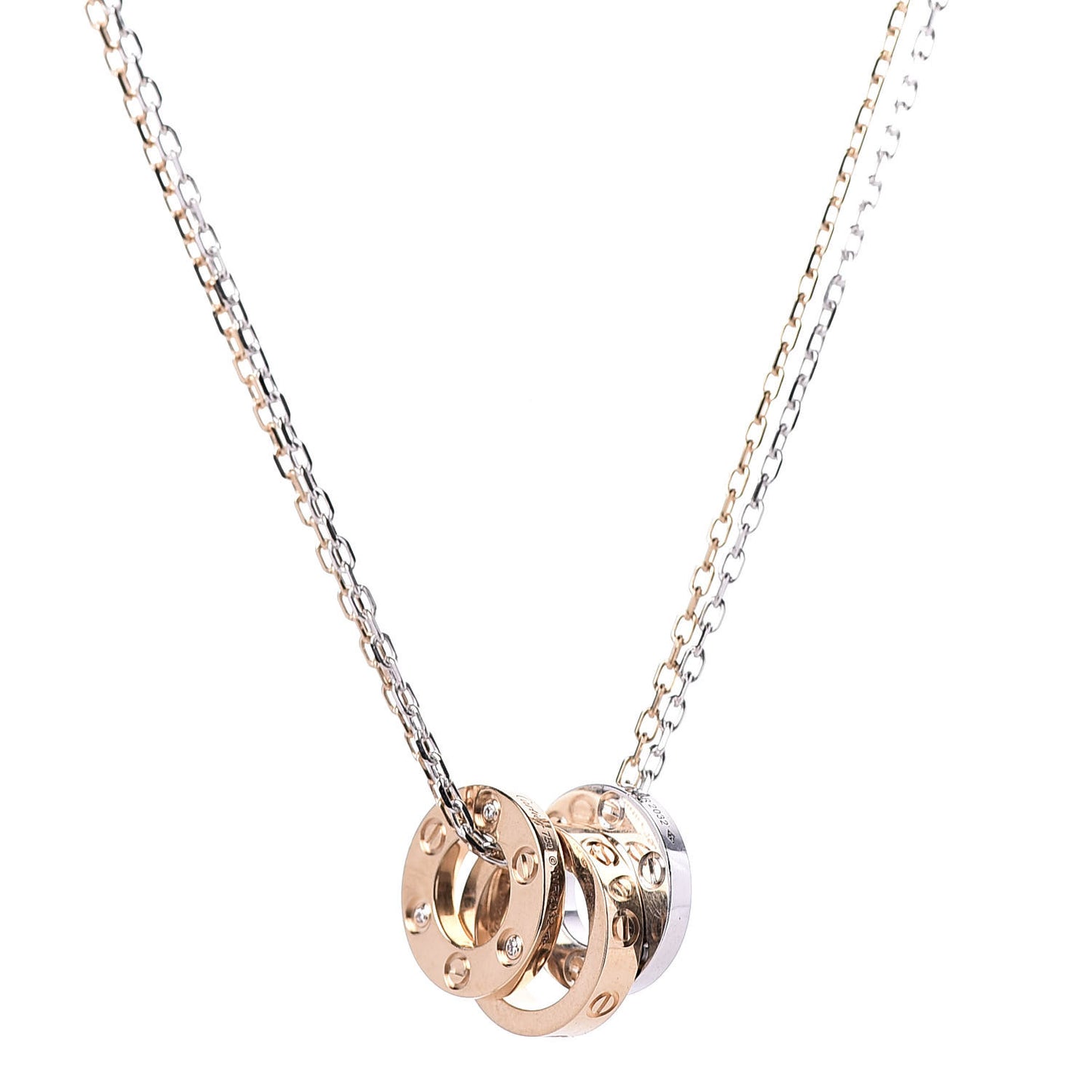 18K White Pink Gold Diamond Three Ring LOVE Pendant Necklace