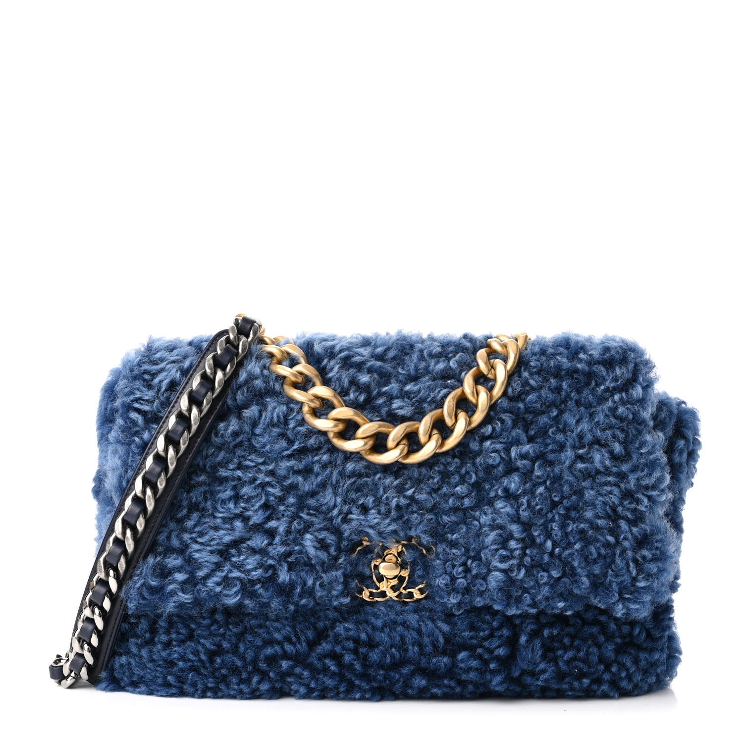 Chanel Shearling Sheepskin Large Chanel 19 Flap Blue 1 of 11
